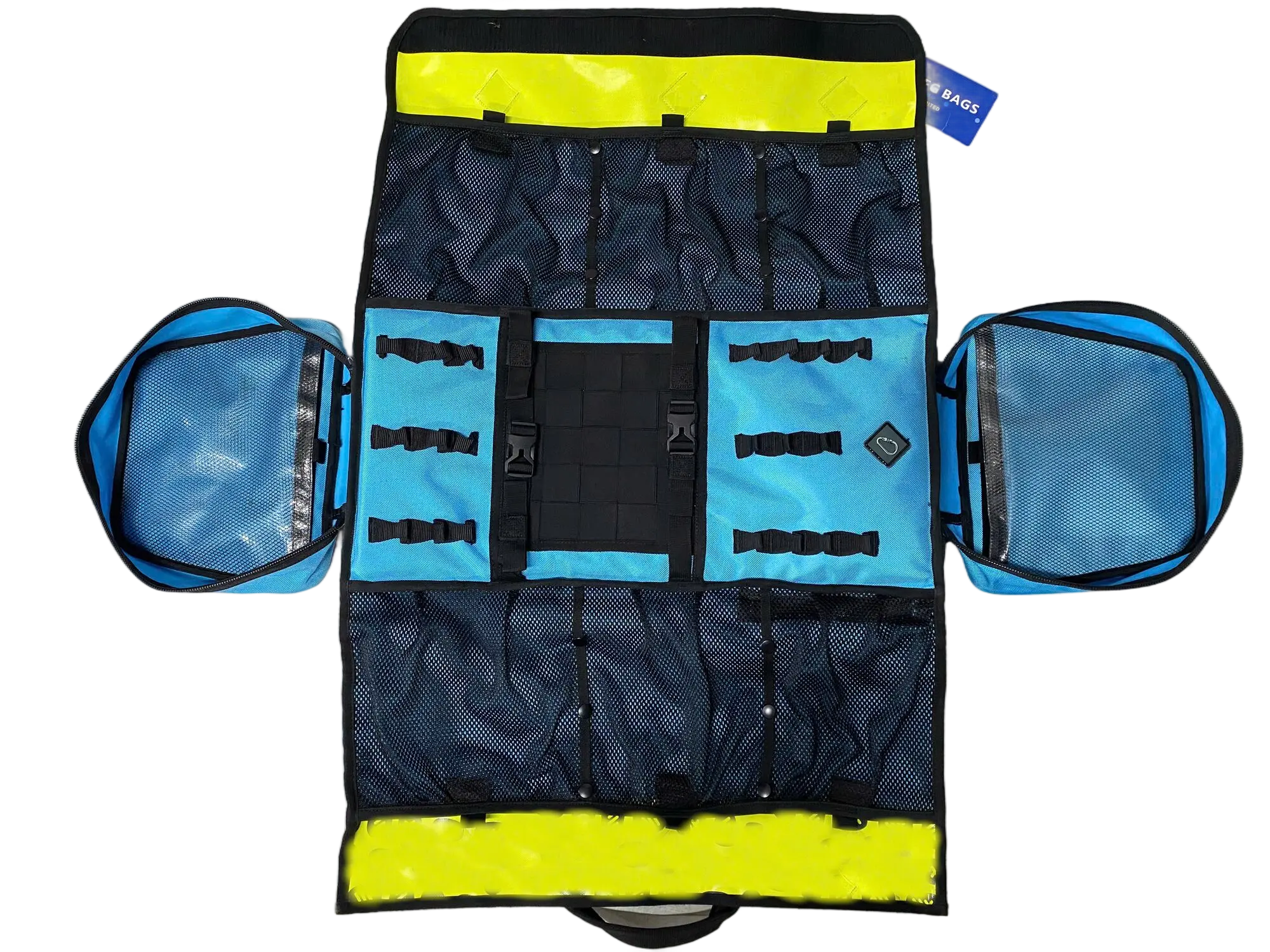 Interior view of the 54L backpack laid open, showing blue body, cyan tool organizer panels, and black MOLLE webbing