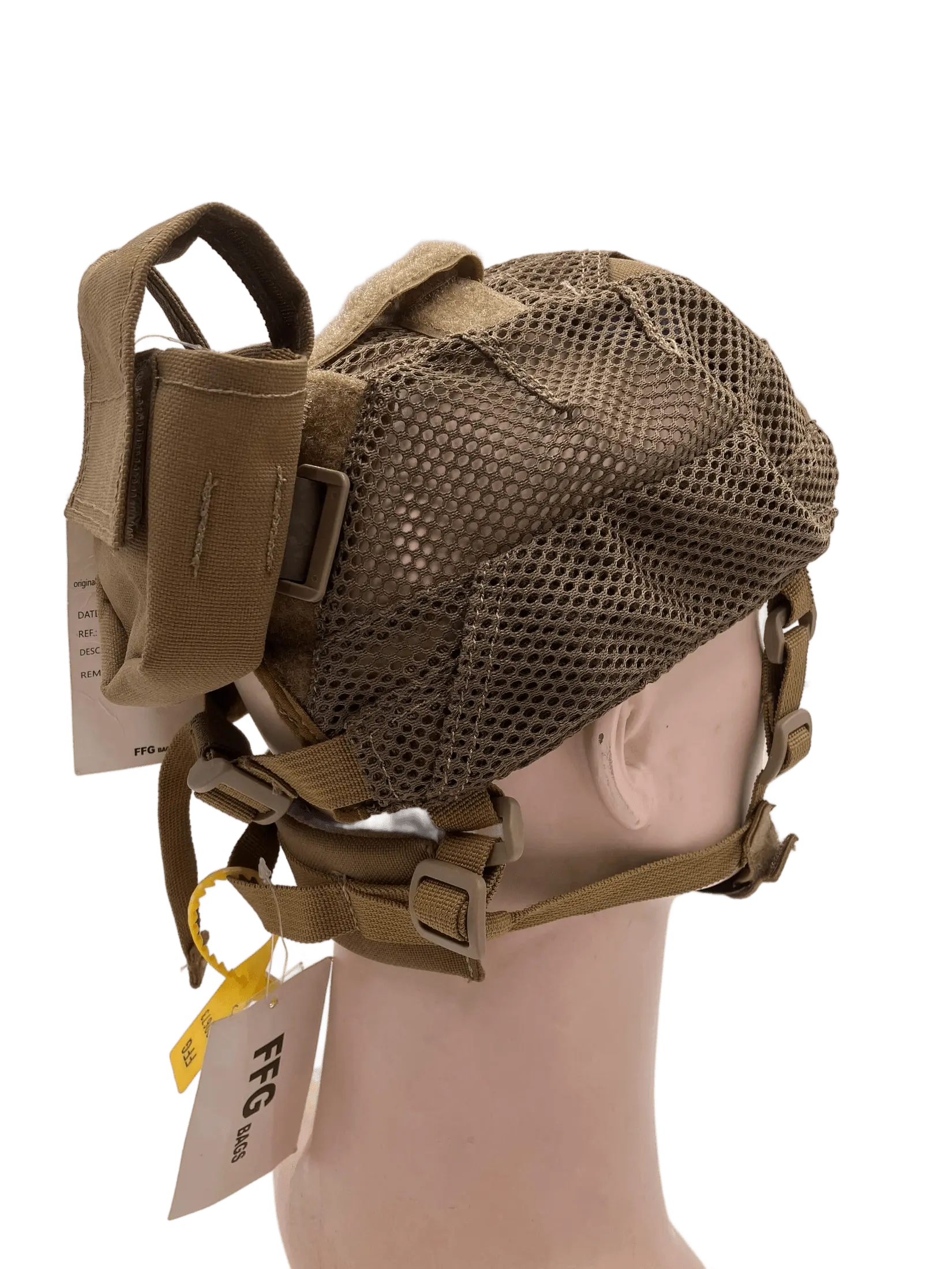 Side view of the tan Cordura head mount on a mannequin, showing reinforced mesh dome, rear battery pouch, and side buckles