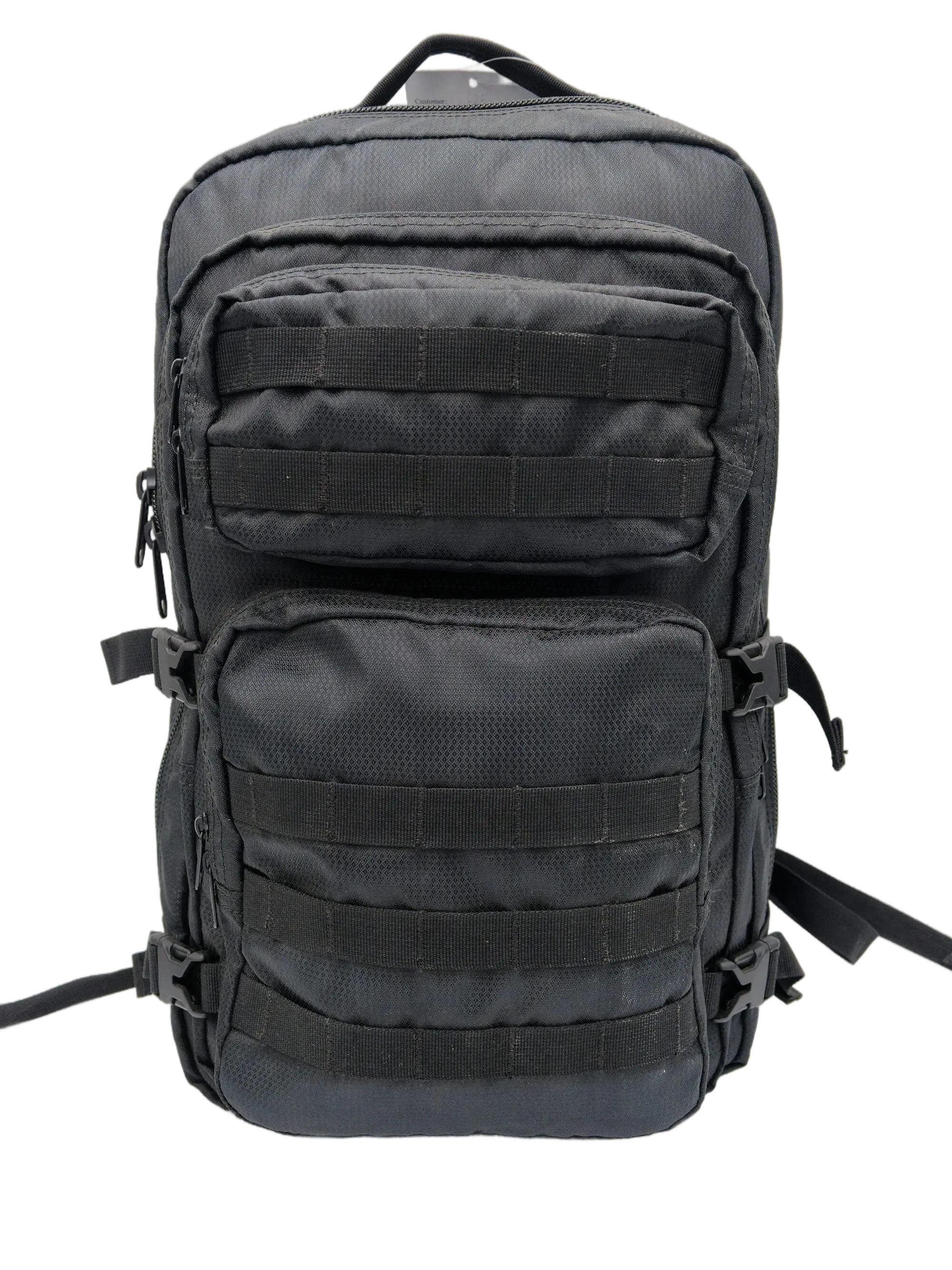 Front view of the black tactical backpack with MOLLE webbing on both panels, top carry handle, and two zippered compartments