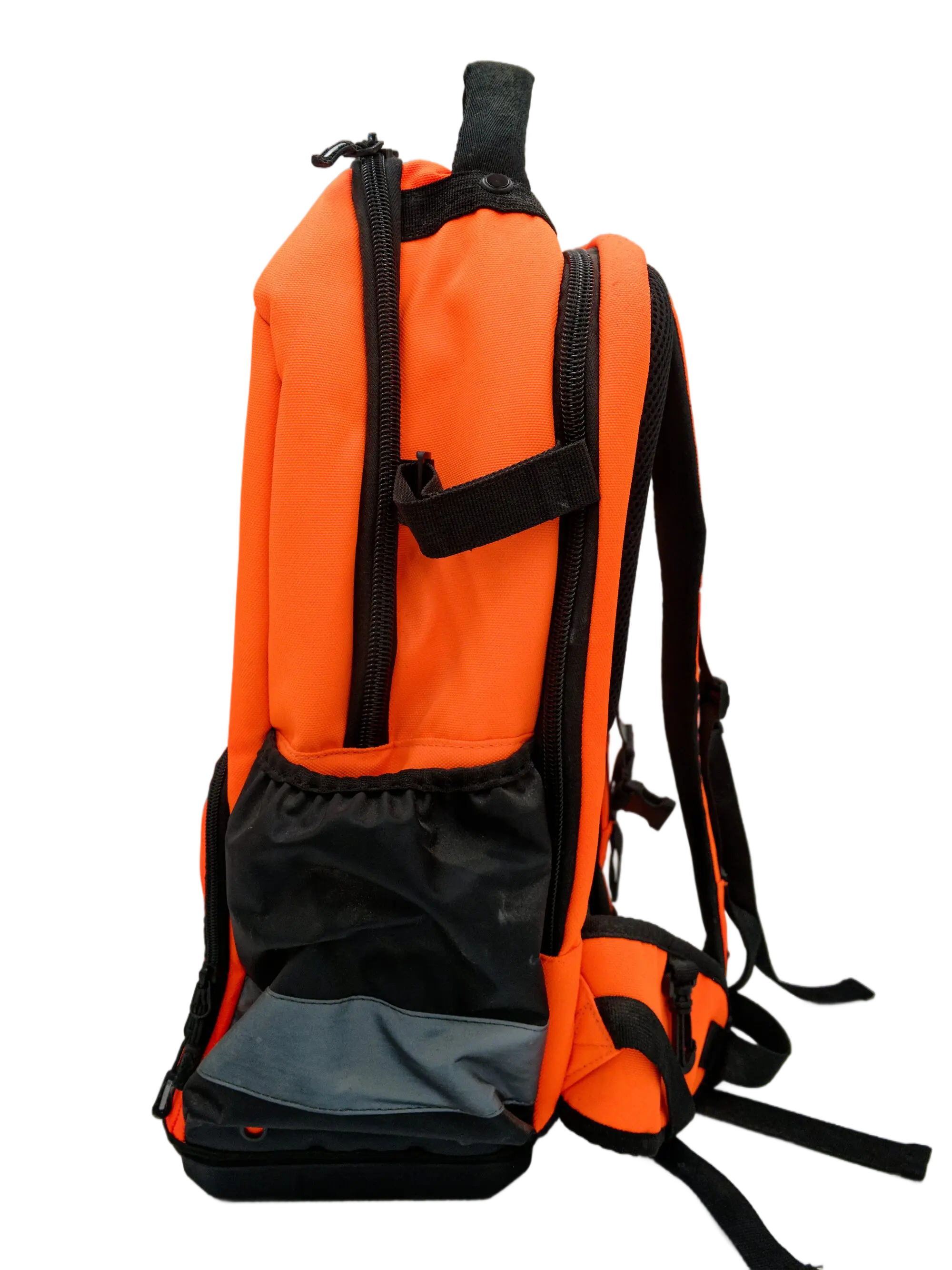 Side view of the orange 900D polyester electrician backpack with side pocket, black mesh panel, and grey reflective stripe