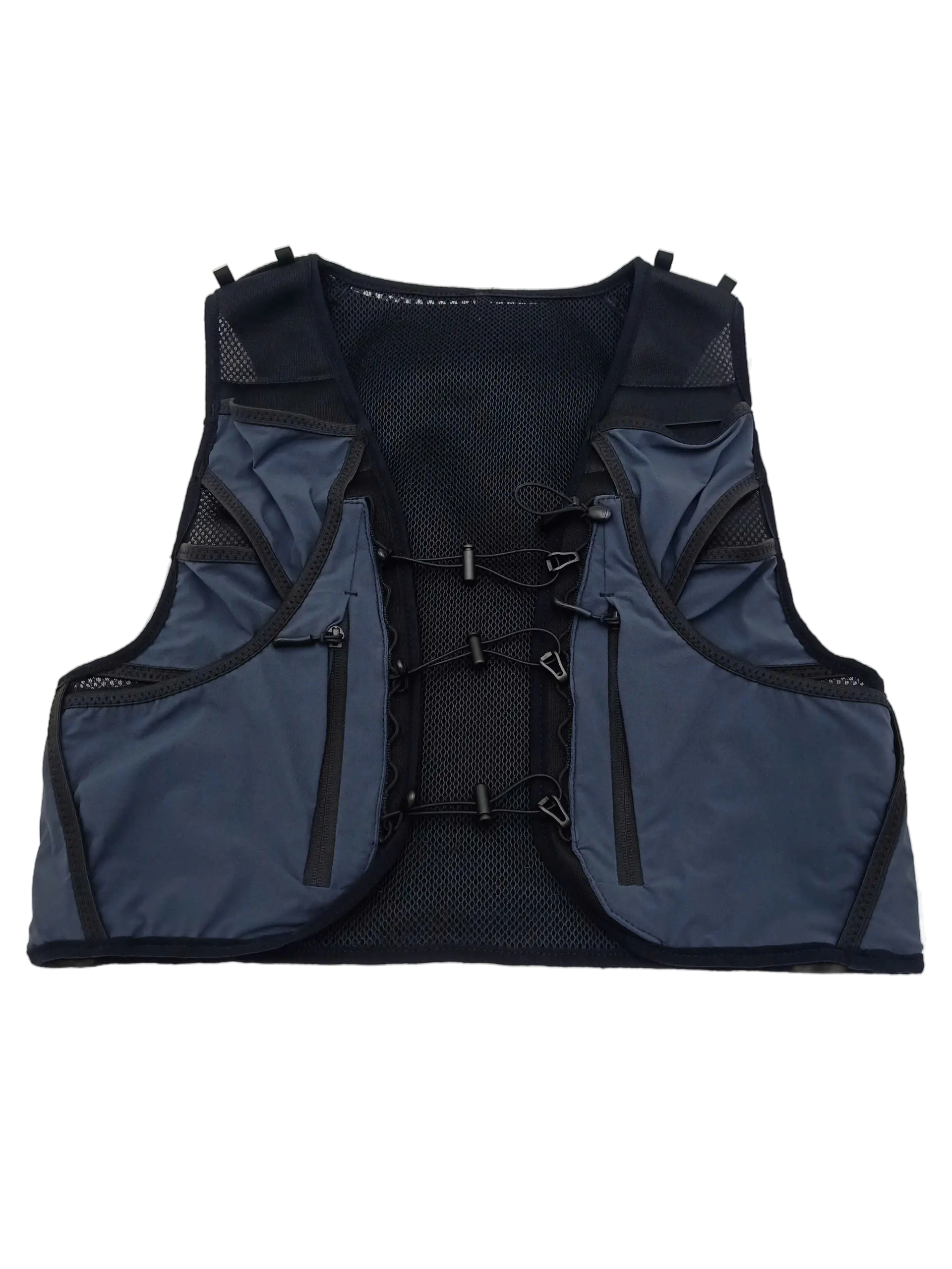 Front view of the dark blue trail running vest with front storage pockets and elastic cord chest closure