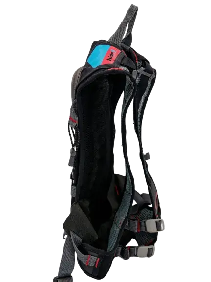 Side profile of the black recycled nylon hydration backpack with cyan and red accents, grey mesh shoulder straps and hip belt