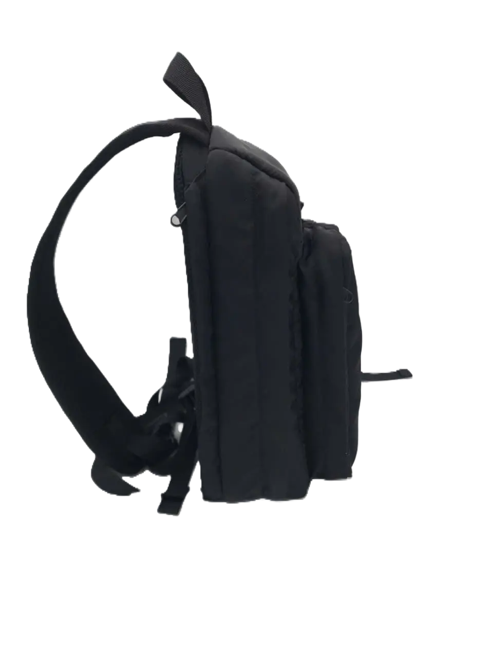 Right side profile of the black sling pack showing the single diagonal strap and a zippered front organizer pocket