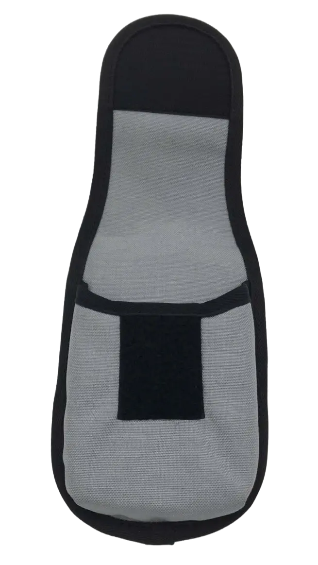 Front view of the phone pouch laid flat, showing the grey padded body with black trim and hook-and-loop flap open
