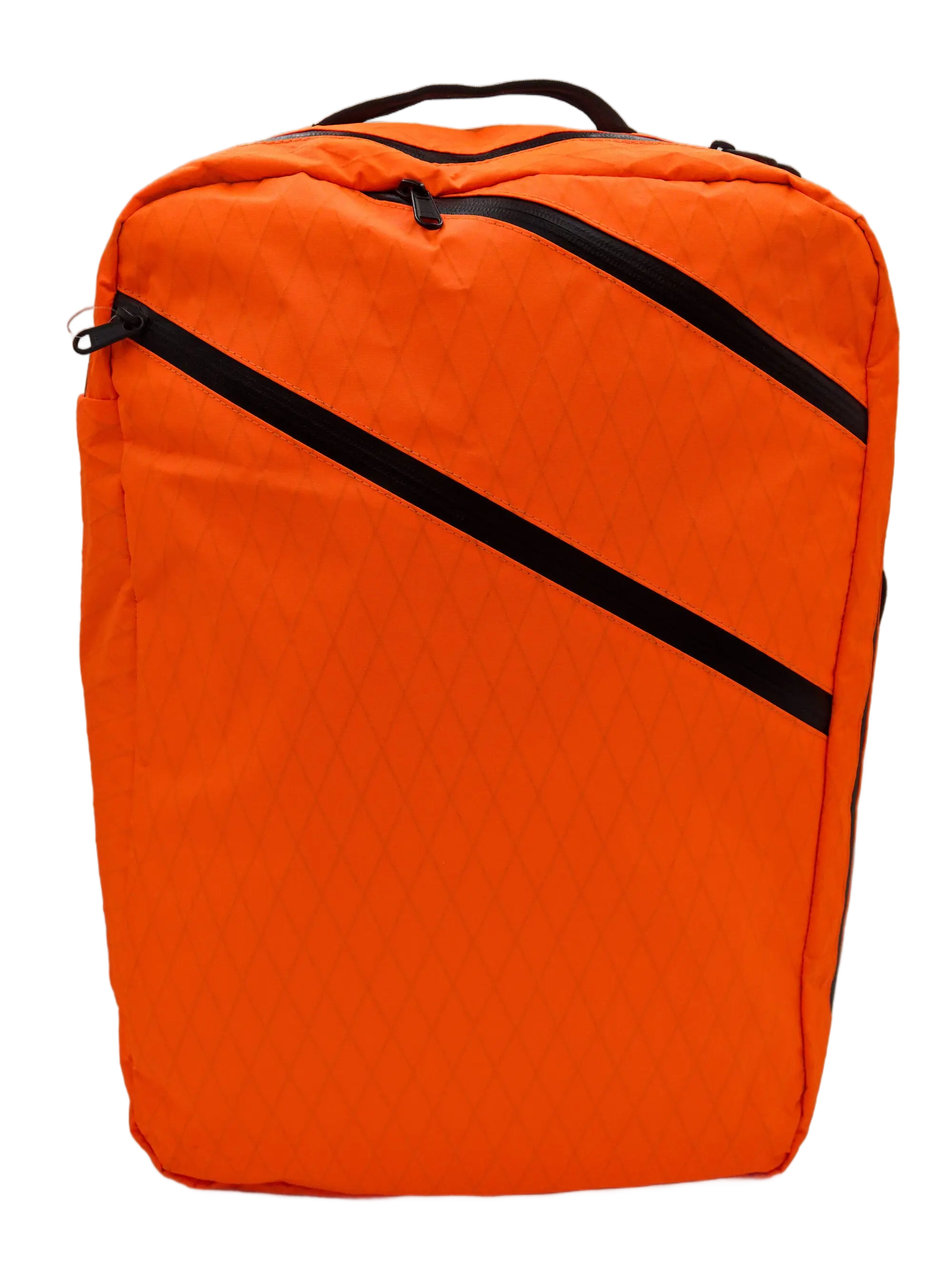Front view of the bright orange X-Pac weekender backpack with diagonal black zipper across the face