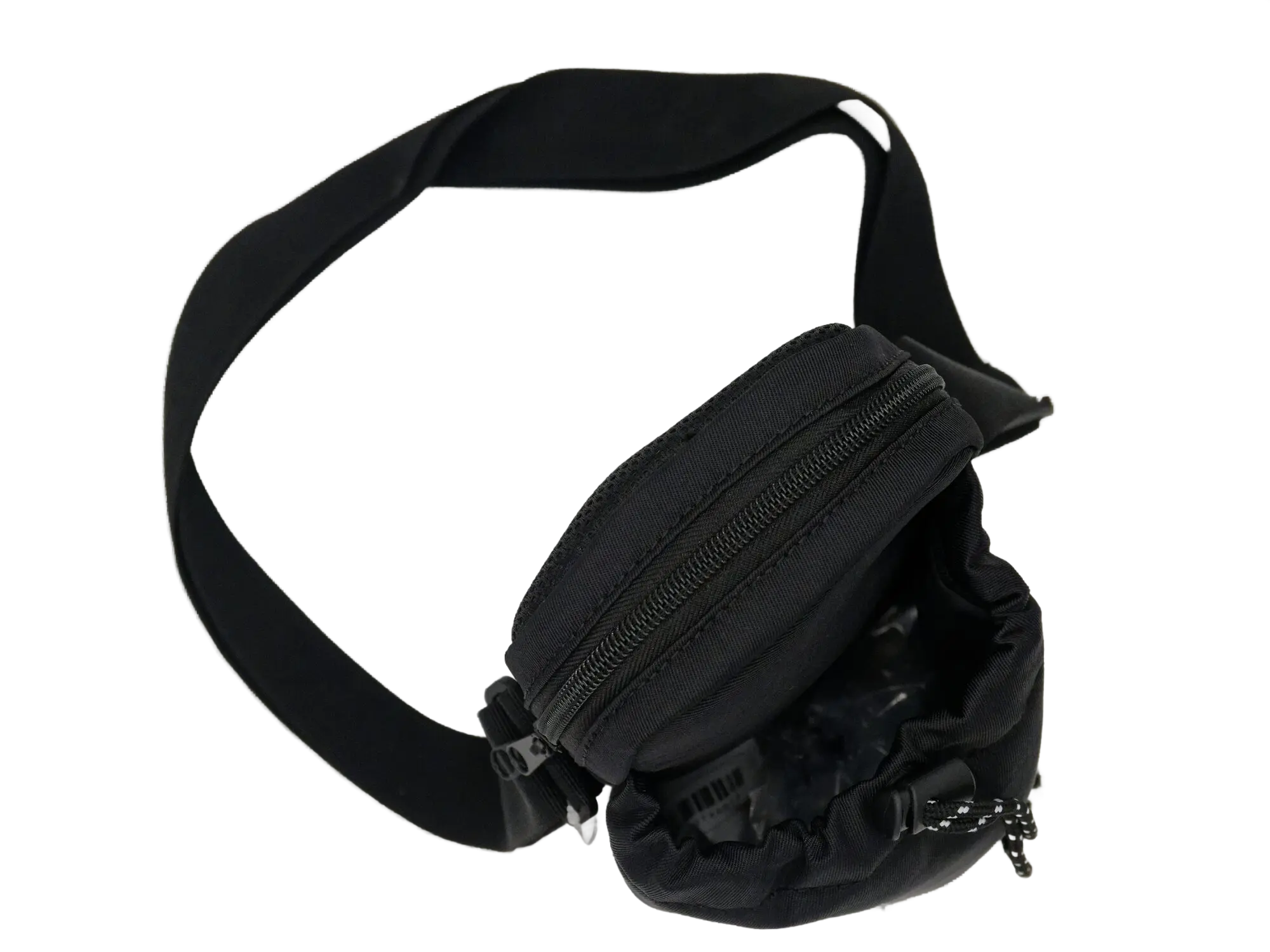 Overhead view of the black recycled nylon shoulder pouch showing cylindrical bottle pocket with cinch cord and zippered phone compartment