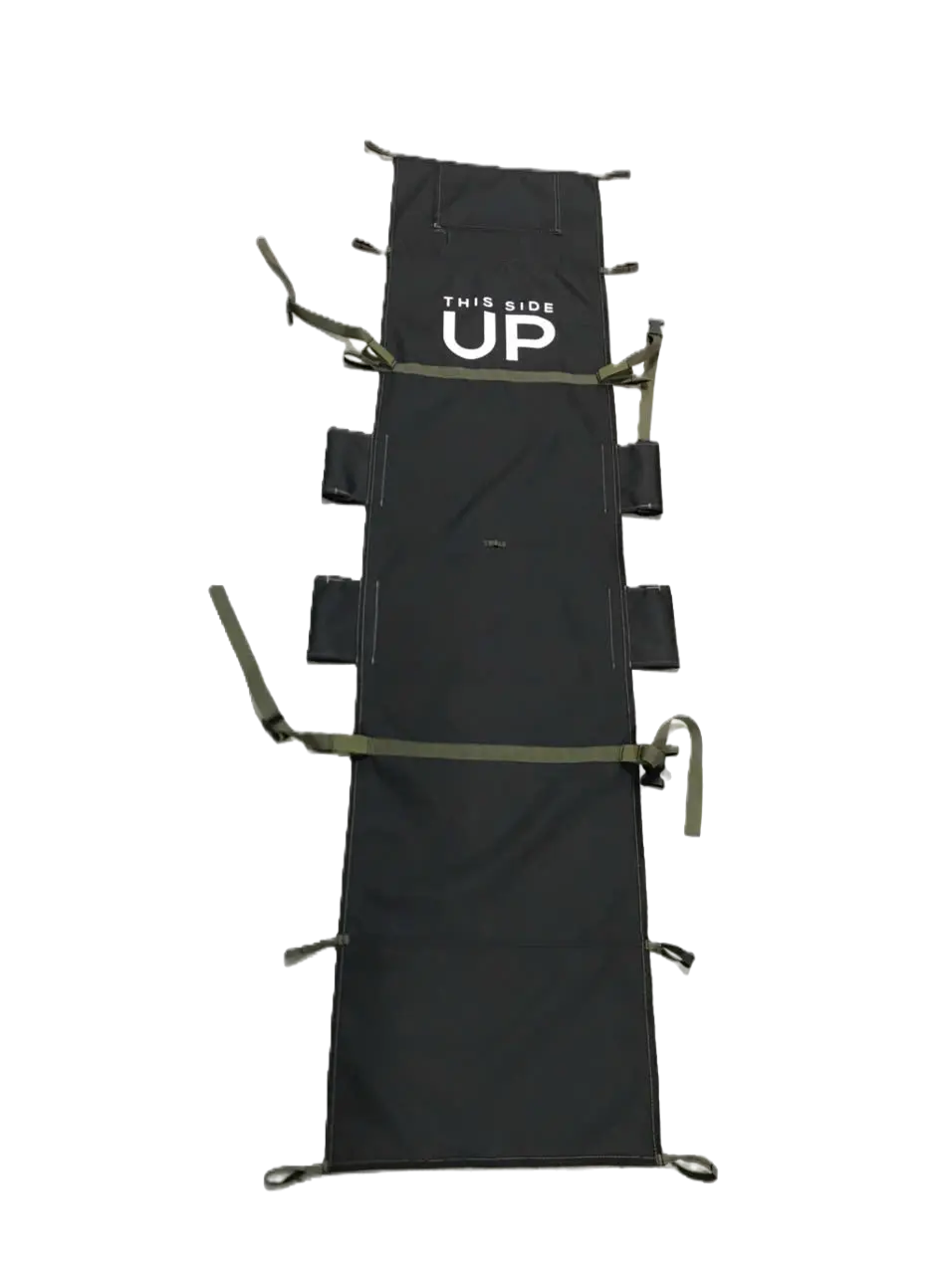 Full view of the black ripstop stretcher textile assembly with olive retention straps and printed orientation marking