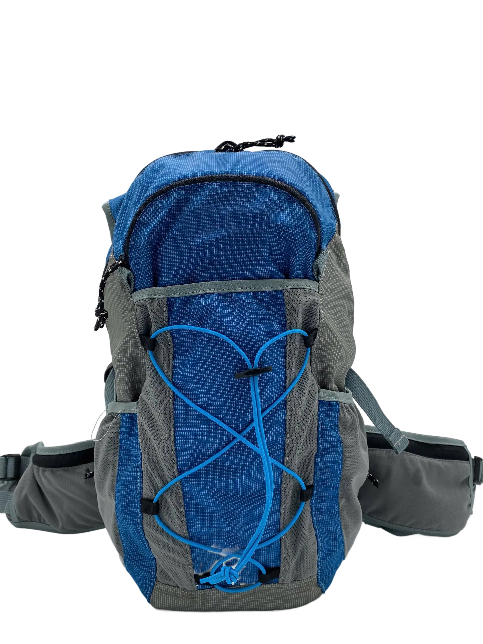 Front view of the blue and grey 20L hiking backpack with hydration tube routing, grey waist belt and accessory pockets