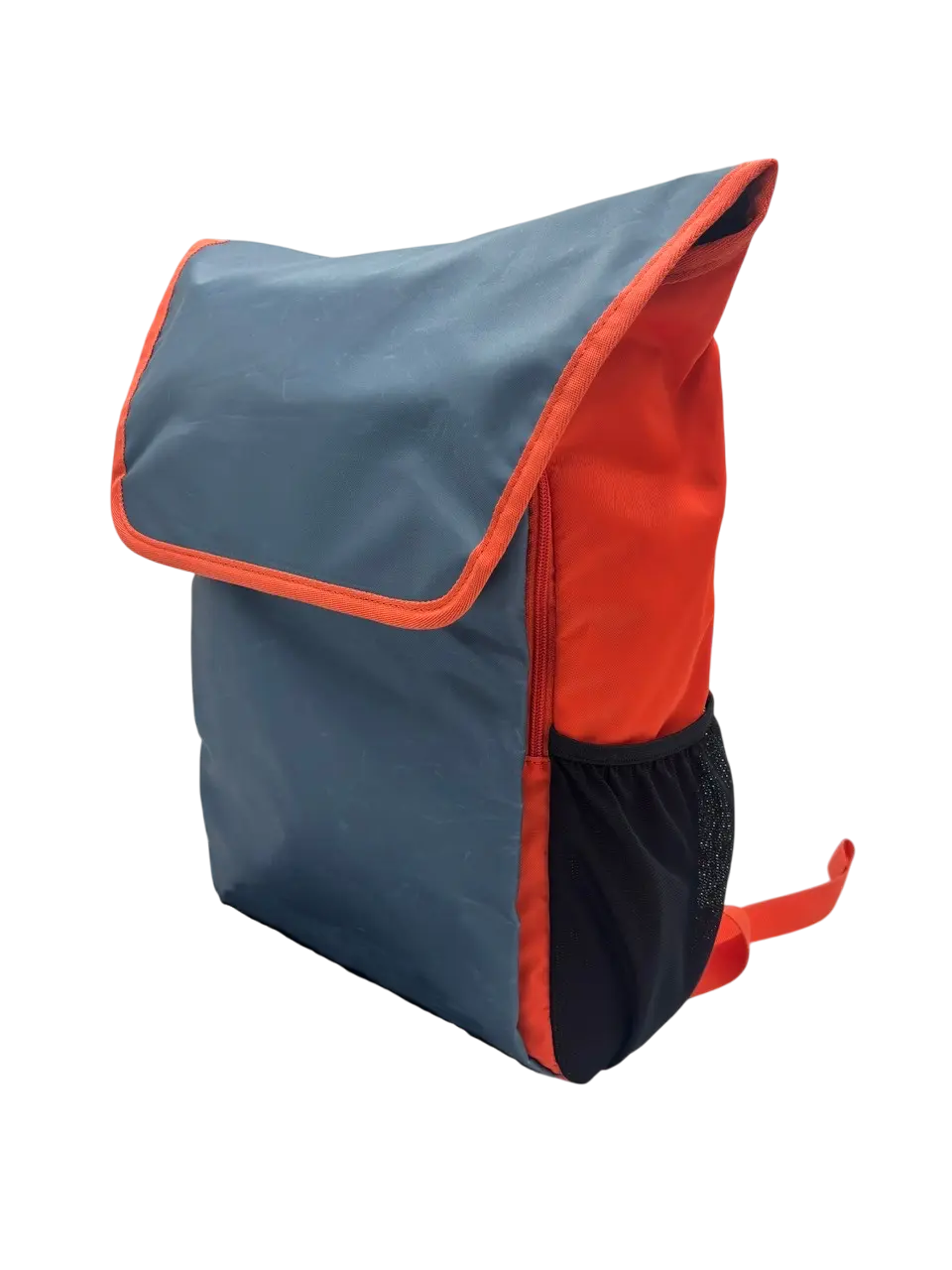Three-quarter view of the grey and flash orange EDC backpack with top flap closure and mesh side pocket