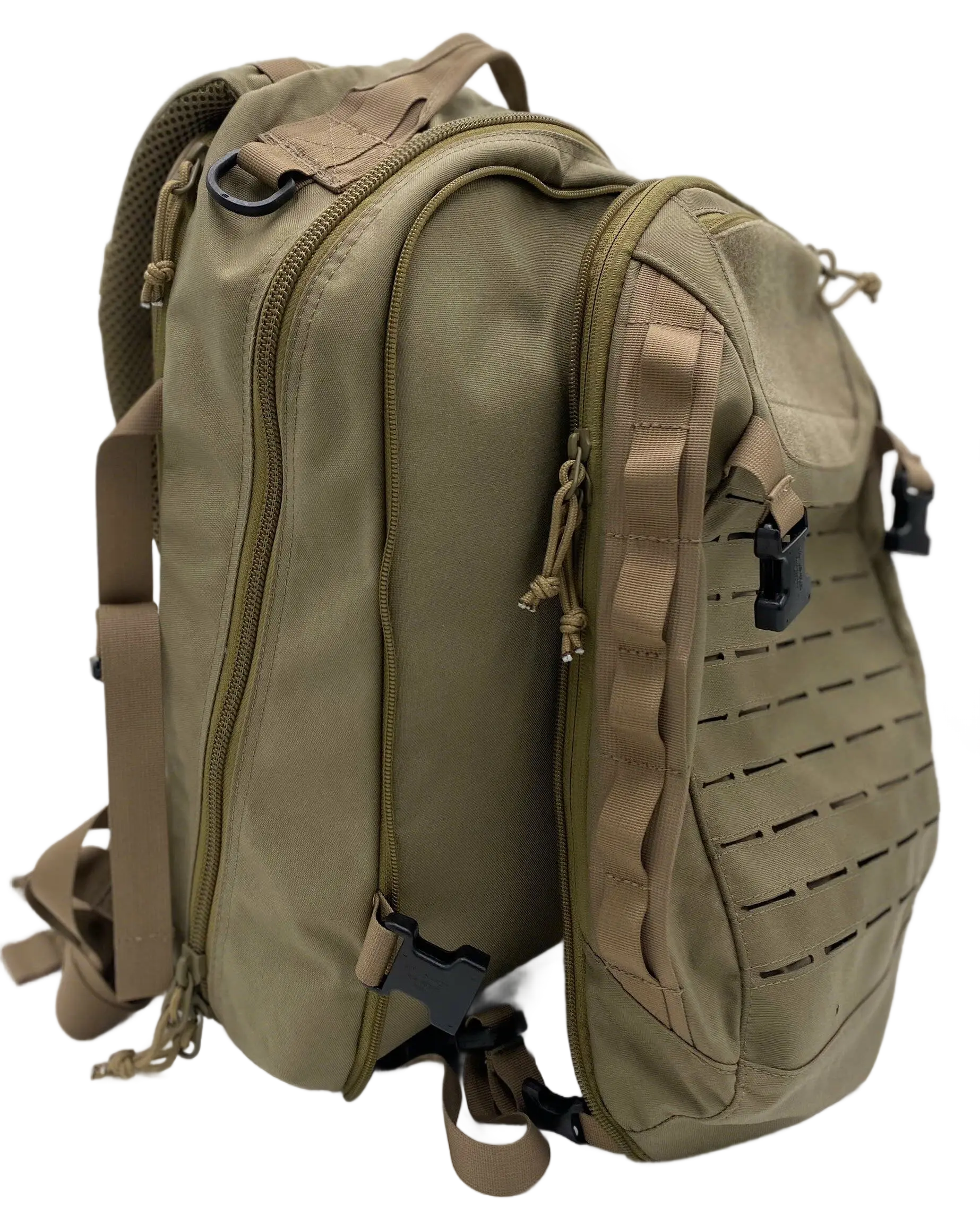 Three-quarter side view of the tan 20L tactical backpack showing front zippered compartments and laser-cut MOLLE side panel