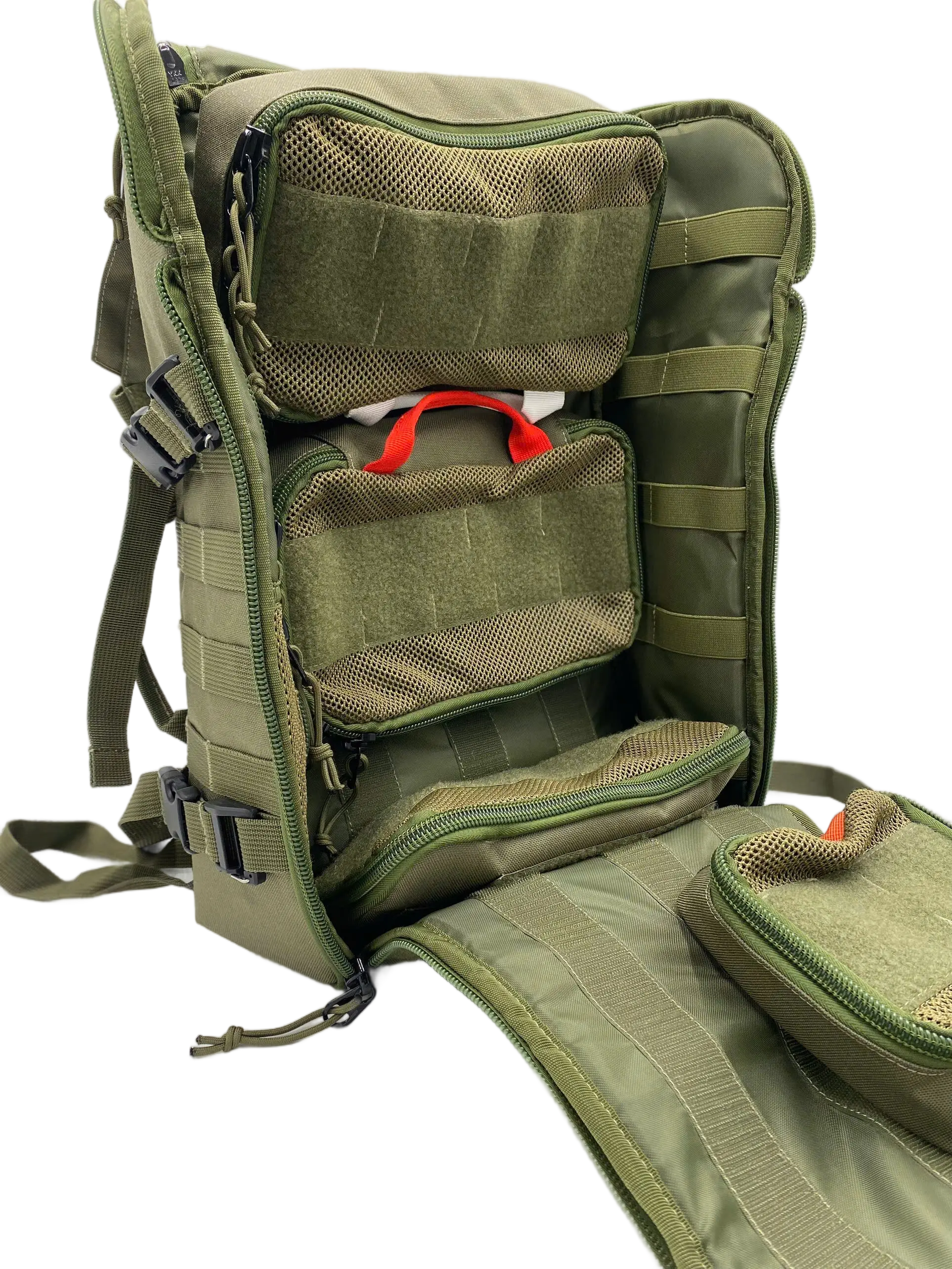 Interior view of the open olive Cordura medical backpack with stacked removable medic pouches, MOLLE webbing, and red pull handle
