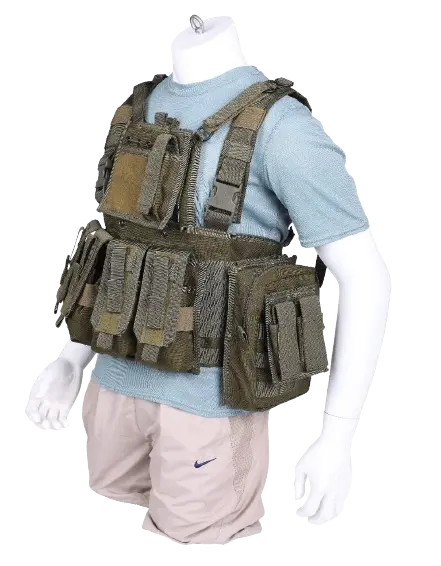 Front view of the ranger green plate carrier on a mannequin, with MOLLE panel, multiple magazine pouches, and cummerbund
