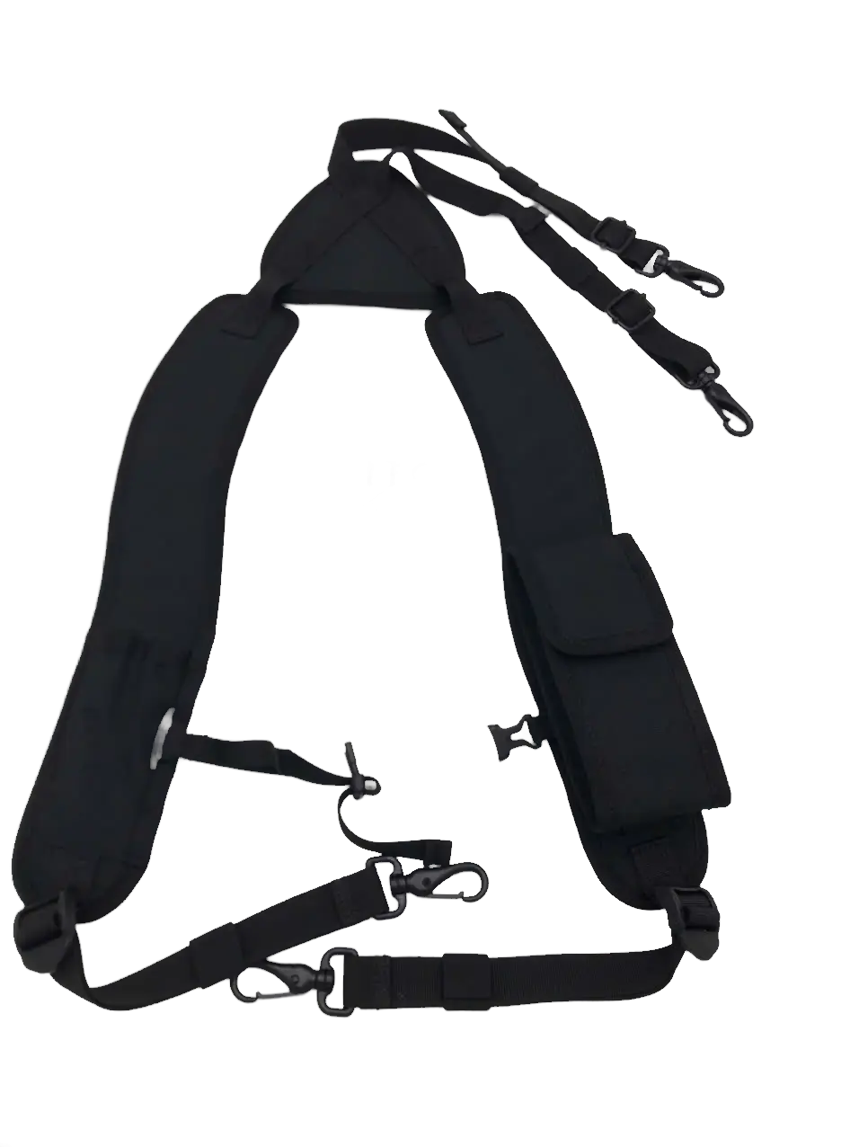 Front view of the black padded tool suspender system laid flat, showing shoulder yoke, adjustable webbing straps, and clip attachments