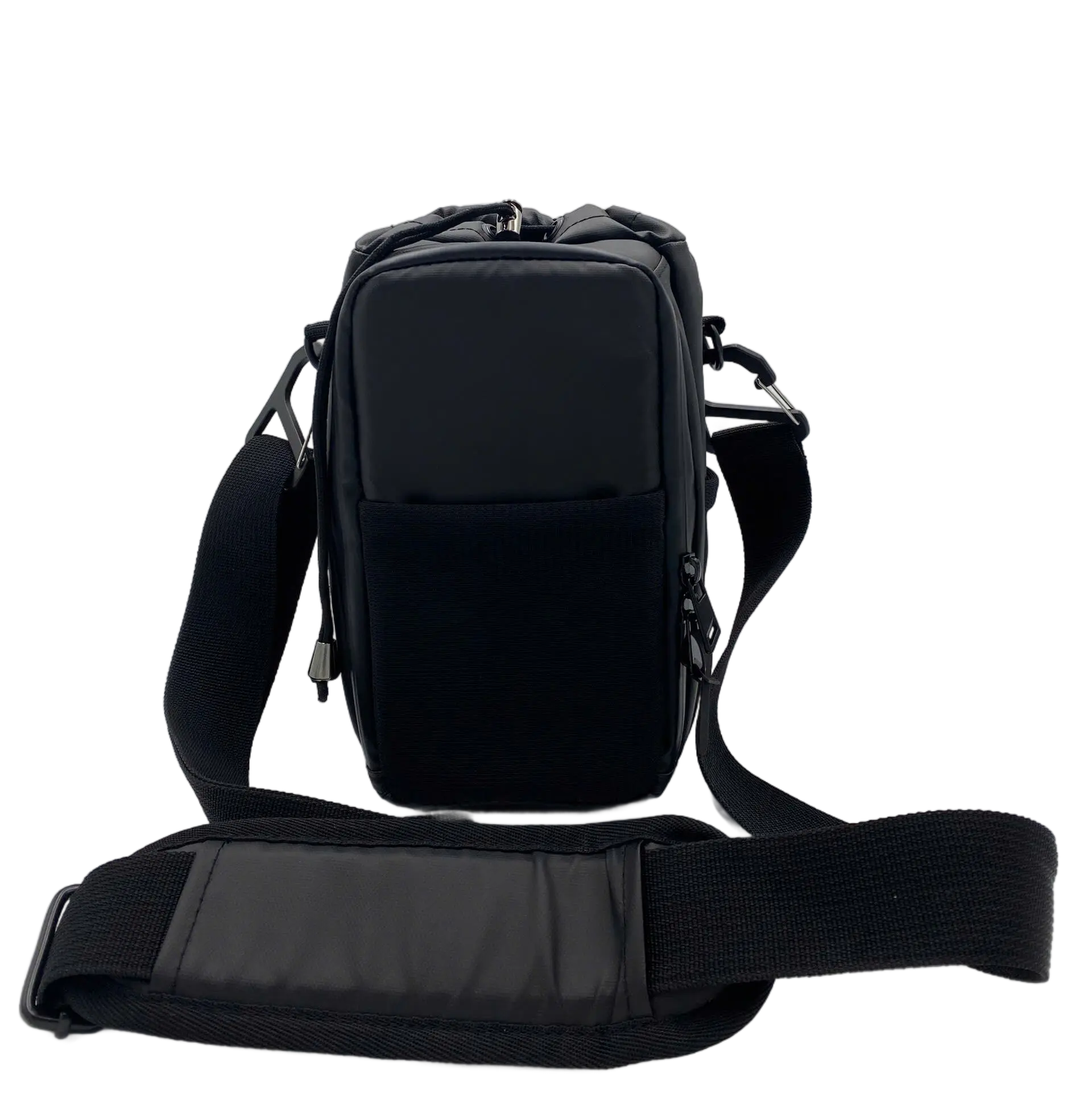 Front view of the compact black shoulder bottle bag showing the zippered front phone pocket and adjustable strap