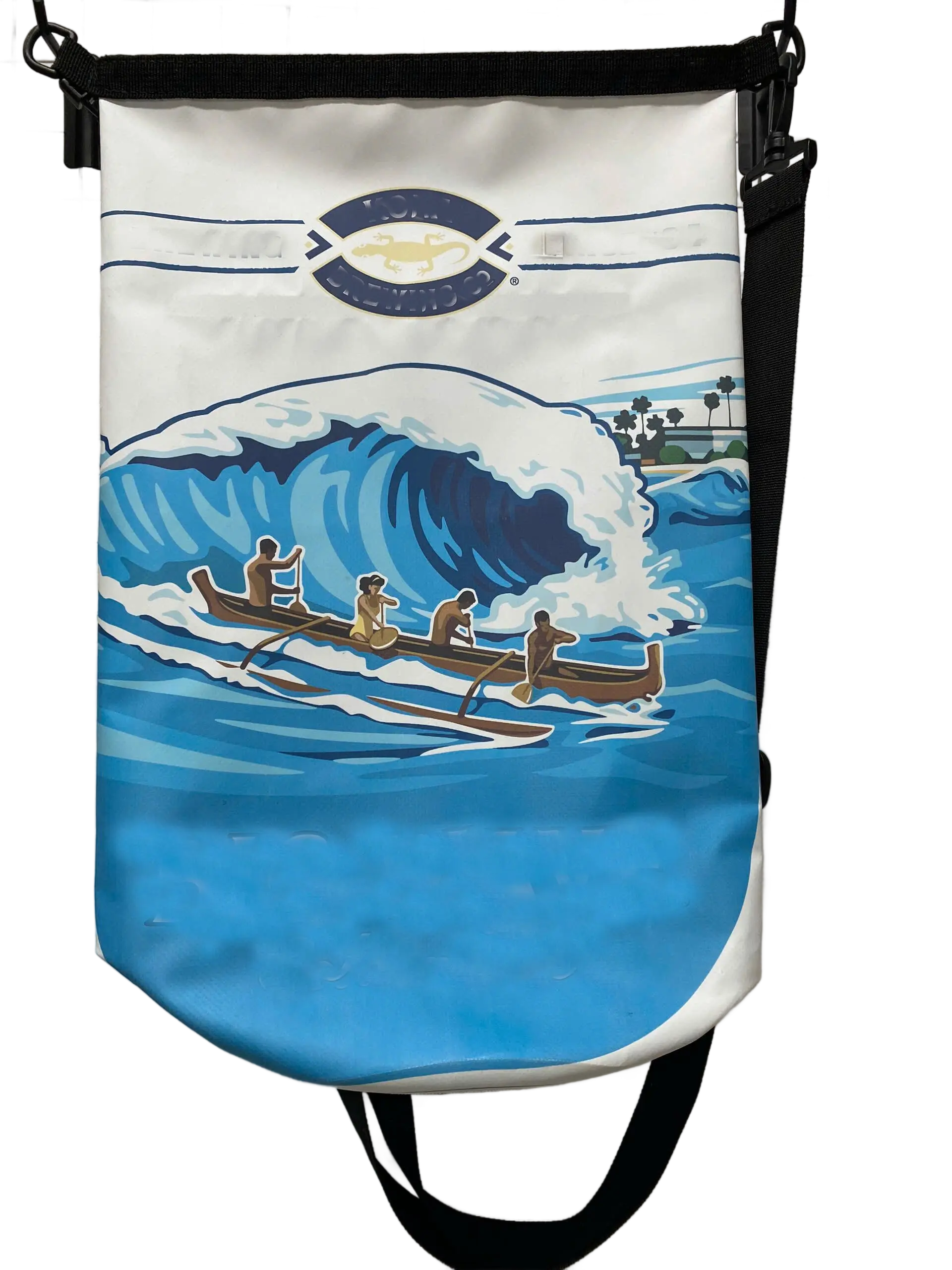 Front view of a white TPU dry bag with full-coverage wave and outrigger canoe print, brand logo on panel, roll-top closure