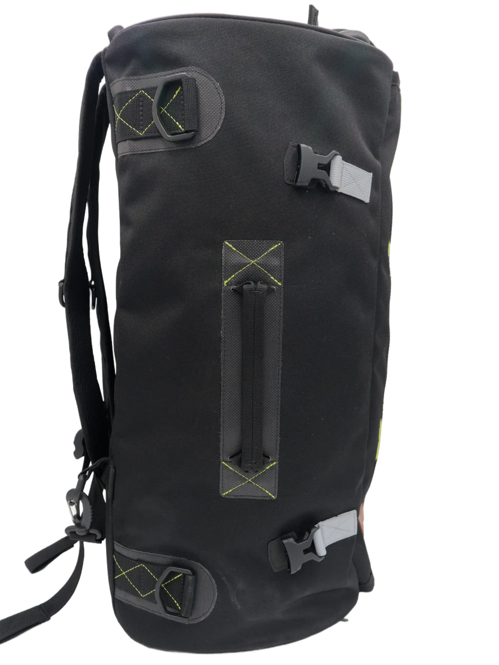 Front view of the black Cordura 1000D ADV backpack with neon yellow X-stitch MOLLE patches and plastic side buckles for bike mounting