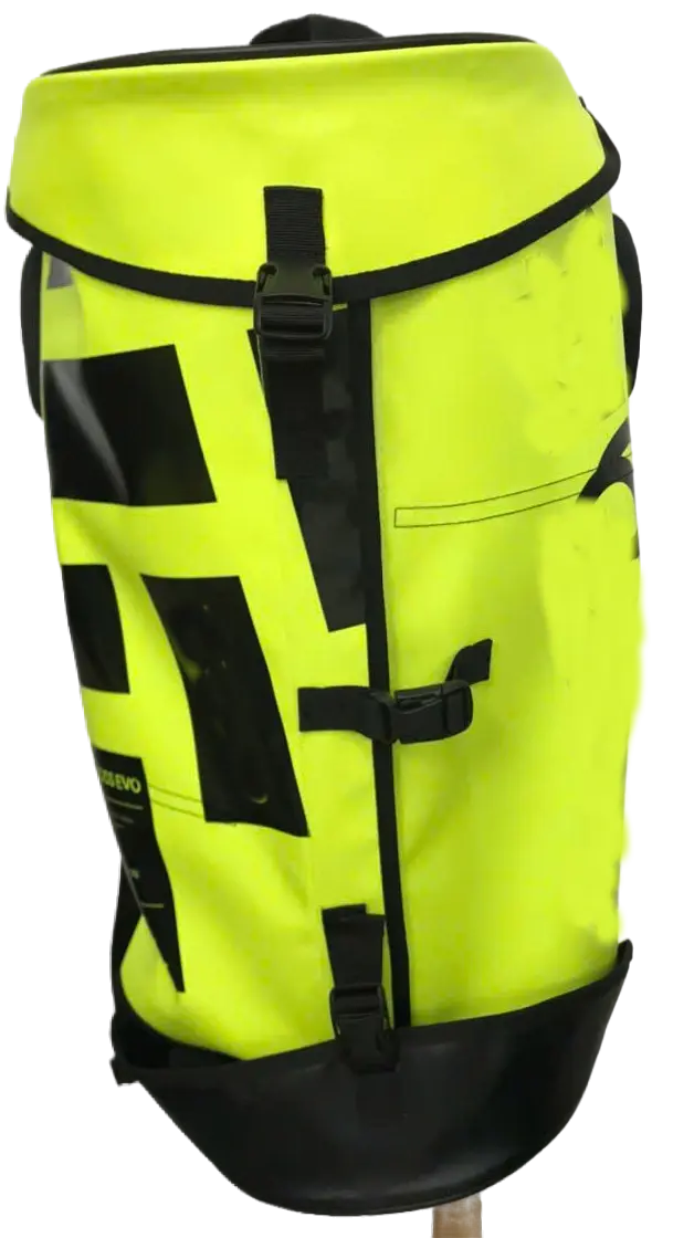 Front view of the closed high-visibility yellow rope access bag with black reinforced webbing straps and hardware