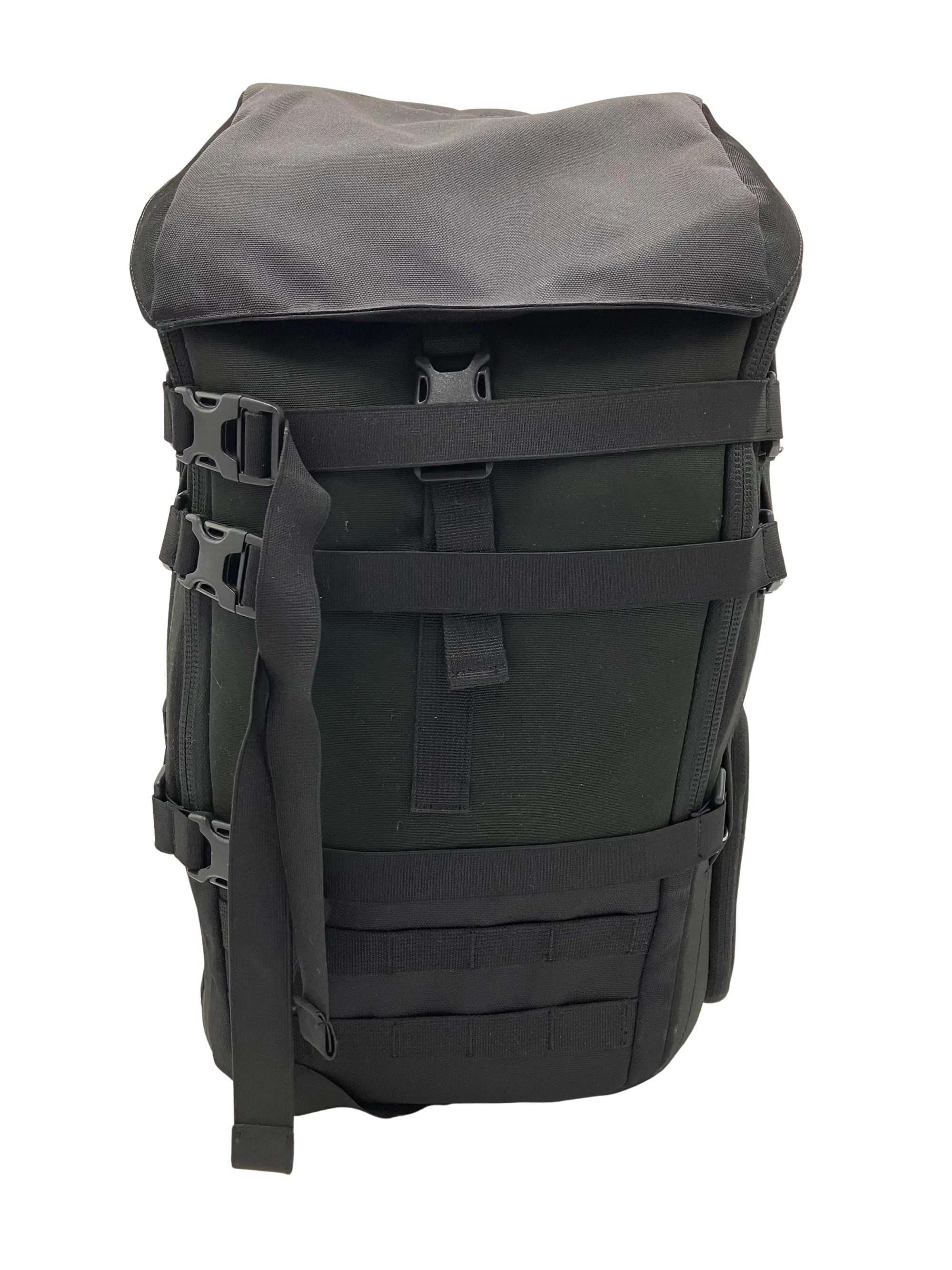Front view of the black military-grade tactical backpack with roll-top closure and MOLLE webbing strips
