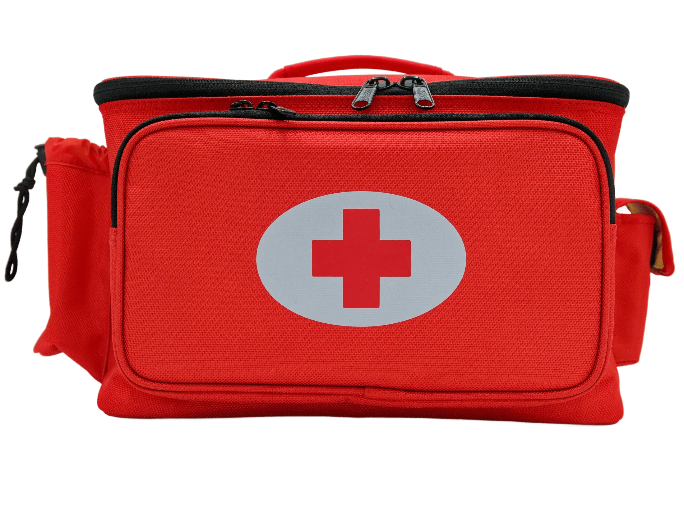 Front view of the red first aid bag with a large white medical cross in an oval, double-zip top opening, and side pockets
