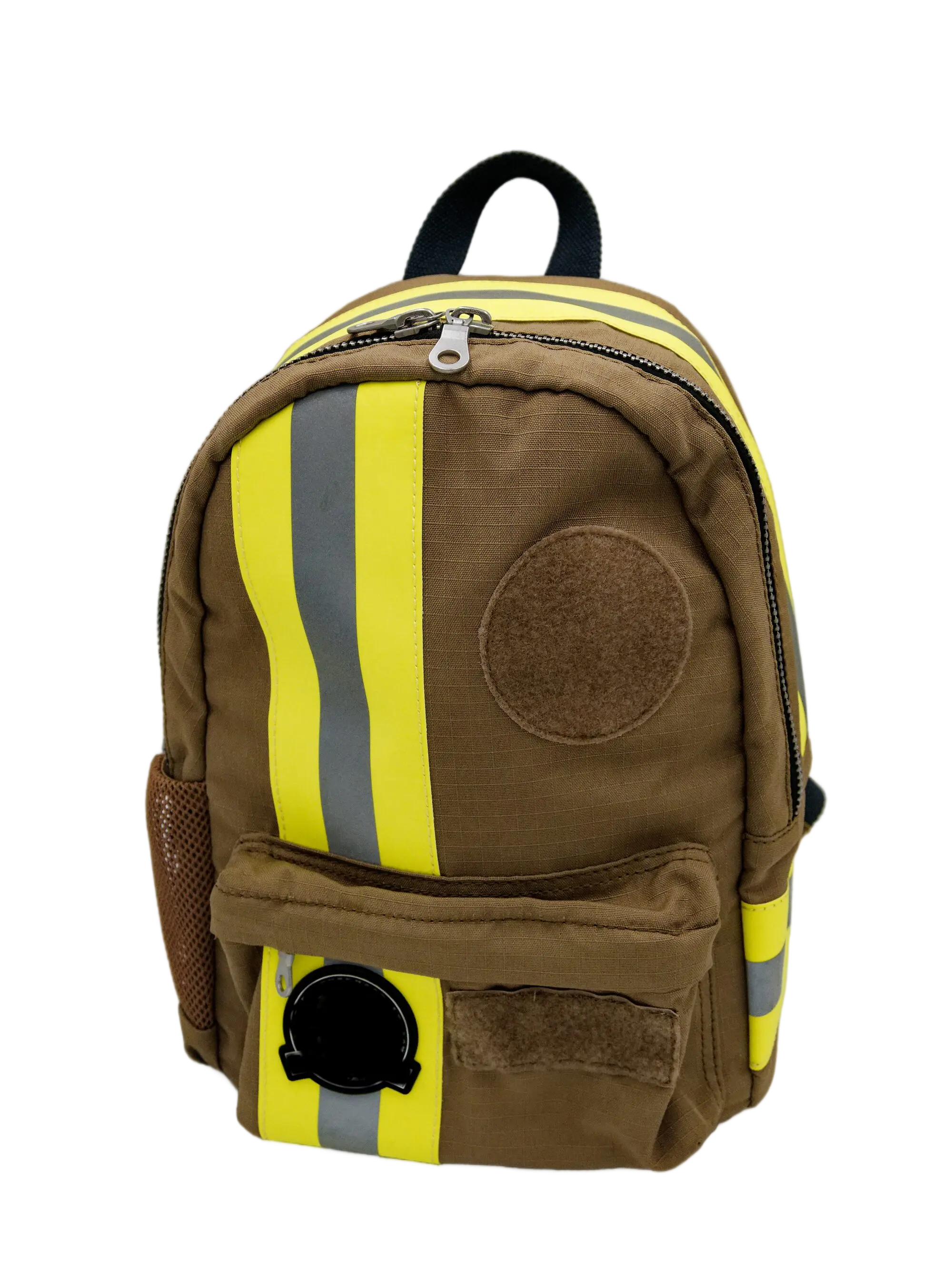 Front view of the brown M2 fireproof backpack with vertical yellow and grey 3M reflective stripes and Velcro front patch