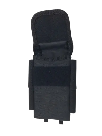 Front view of the black textile device holster with fold-over flap open, showing hook-and-loop closure and elastic side panels