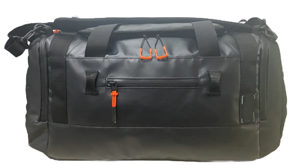 Front view of the dark grey 600D PVC duffle bag with orange zippered front pocket and orange carry loop handles
