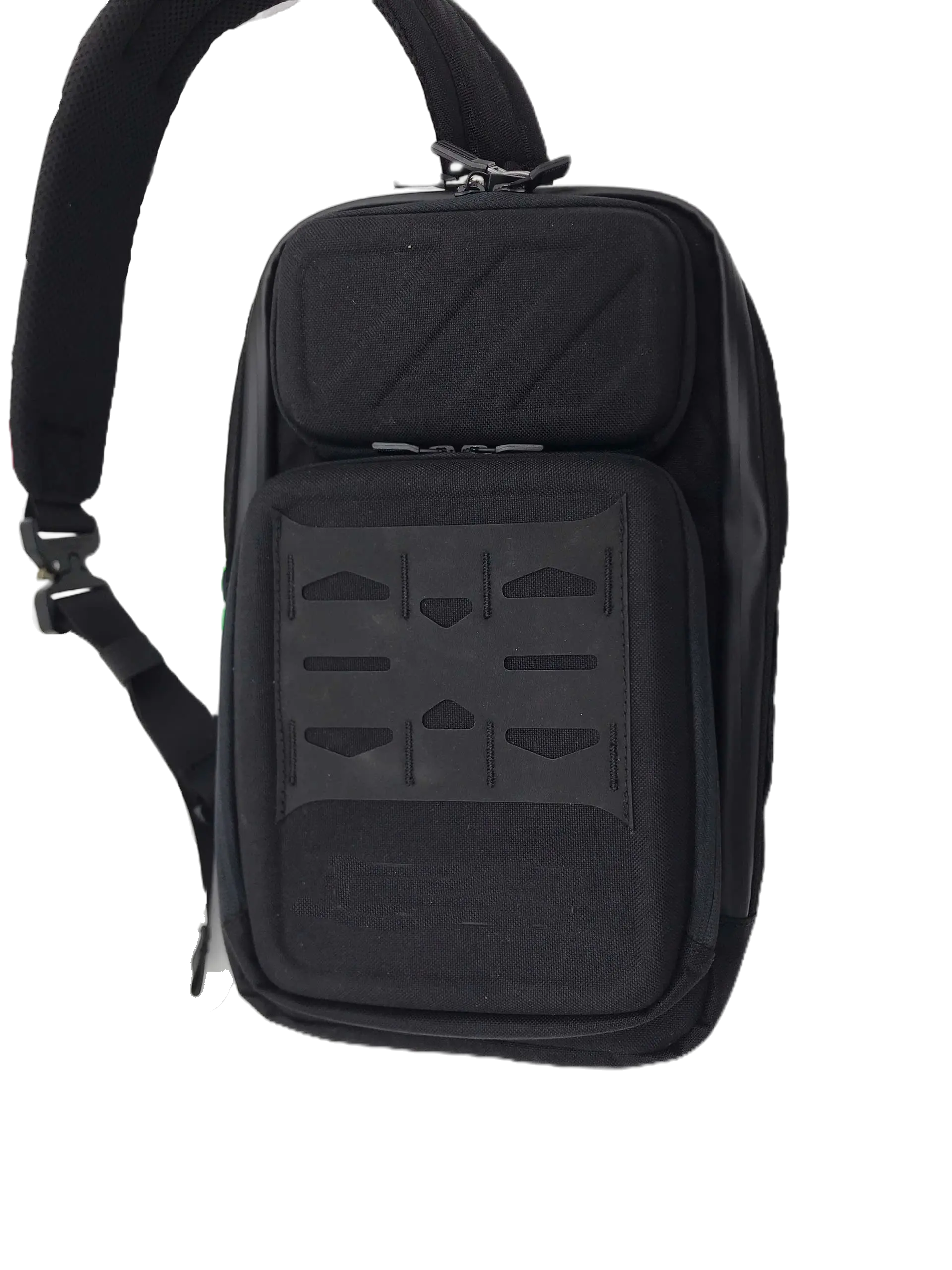 Front view of the black sling tool organizer with a molded attachment panel on the lower front pocket and a padded sling strap