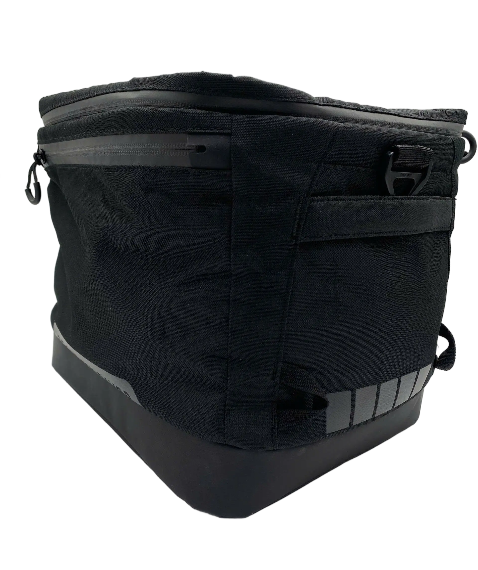 Three-quarter view of the 60L black fishing duffle showing zippered side pocket, compression strap, and reflective base strip