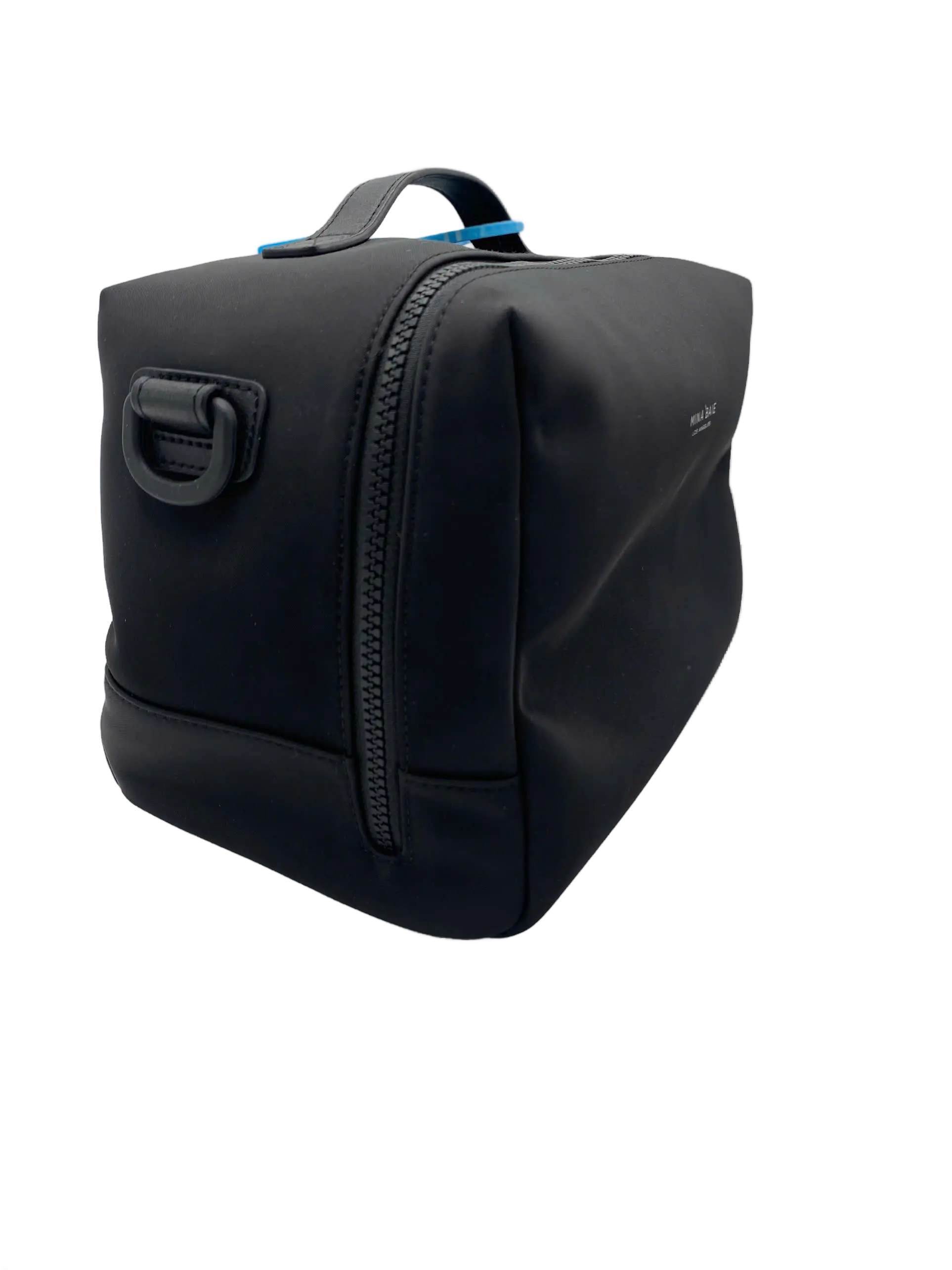 Three-quarter side view of the compact black mini diaper bag with blue top handle, side zipper, and D-ring attachment