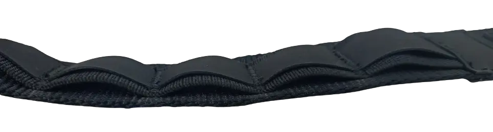 Close-up of the black padded work belt showing the segmented support panels and stitched textile construction