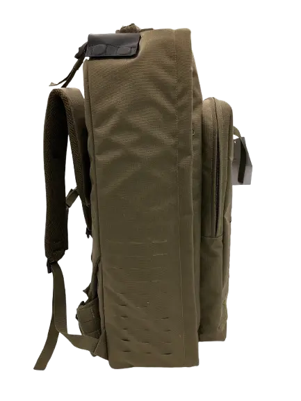 Right side profile of the olive green tactical backpack showing laser-cut MOLLE panel, grab handle, and compression straps