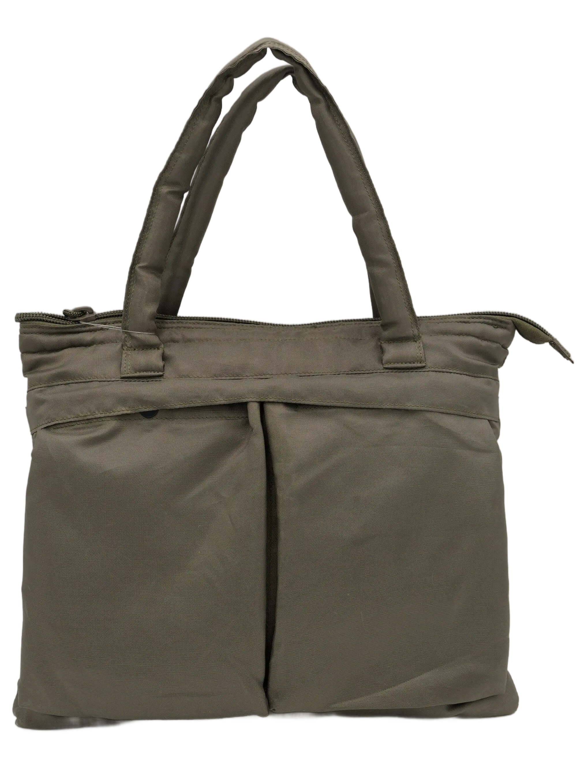 Front view of the olive green 420D nylon tote-style bag with two padded carry straps and two front flap pockets