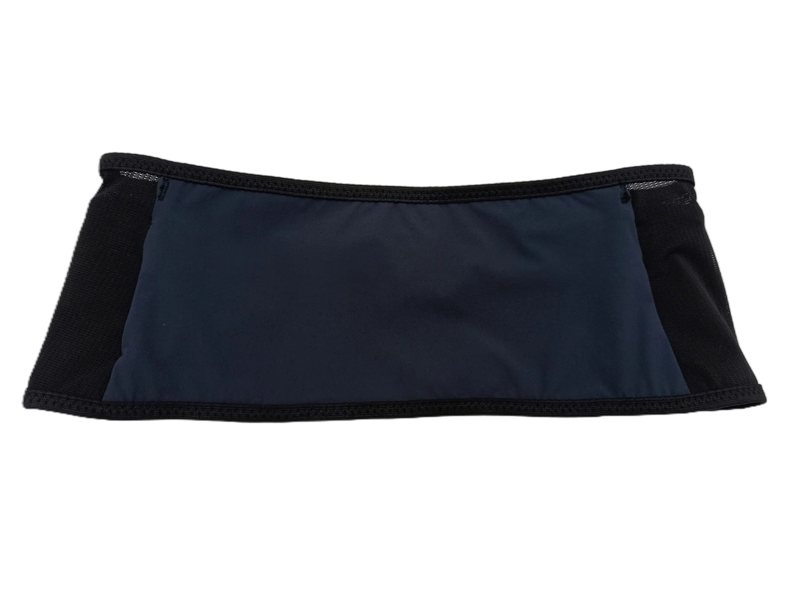 Interior lining view of the navy blue trail running belt with black elastic binding along top and bottom edges
