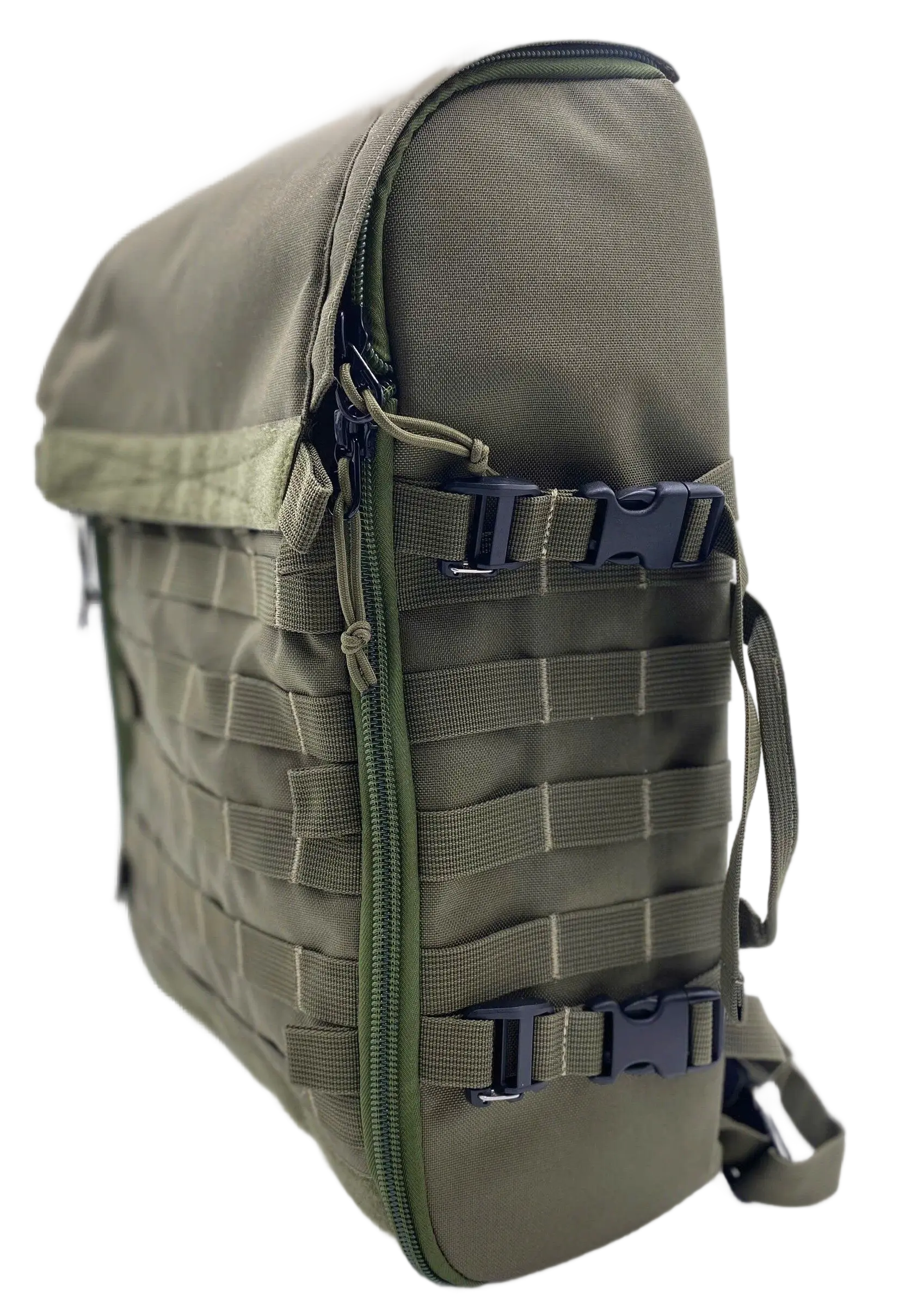 Side view of the closed olive Cordura medical backpack showing the green clamshell zipper, MOLLE webbing rows, and black buckles