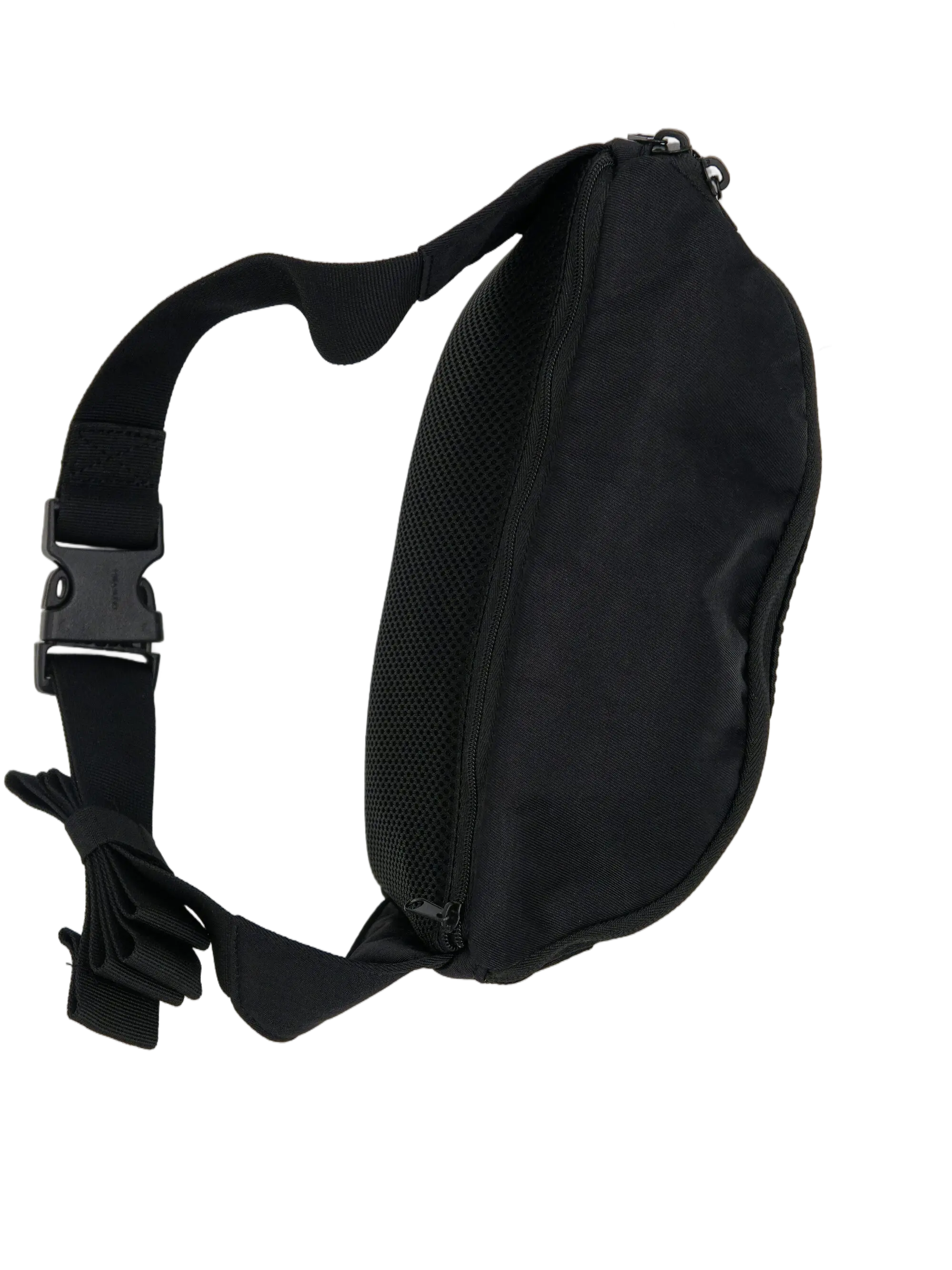 Back view of the black nylon waist bag showing breathable mesh back panel, zippered hidden pocket, and side buckle