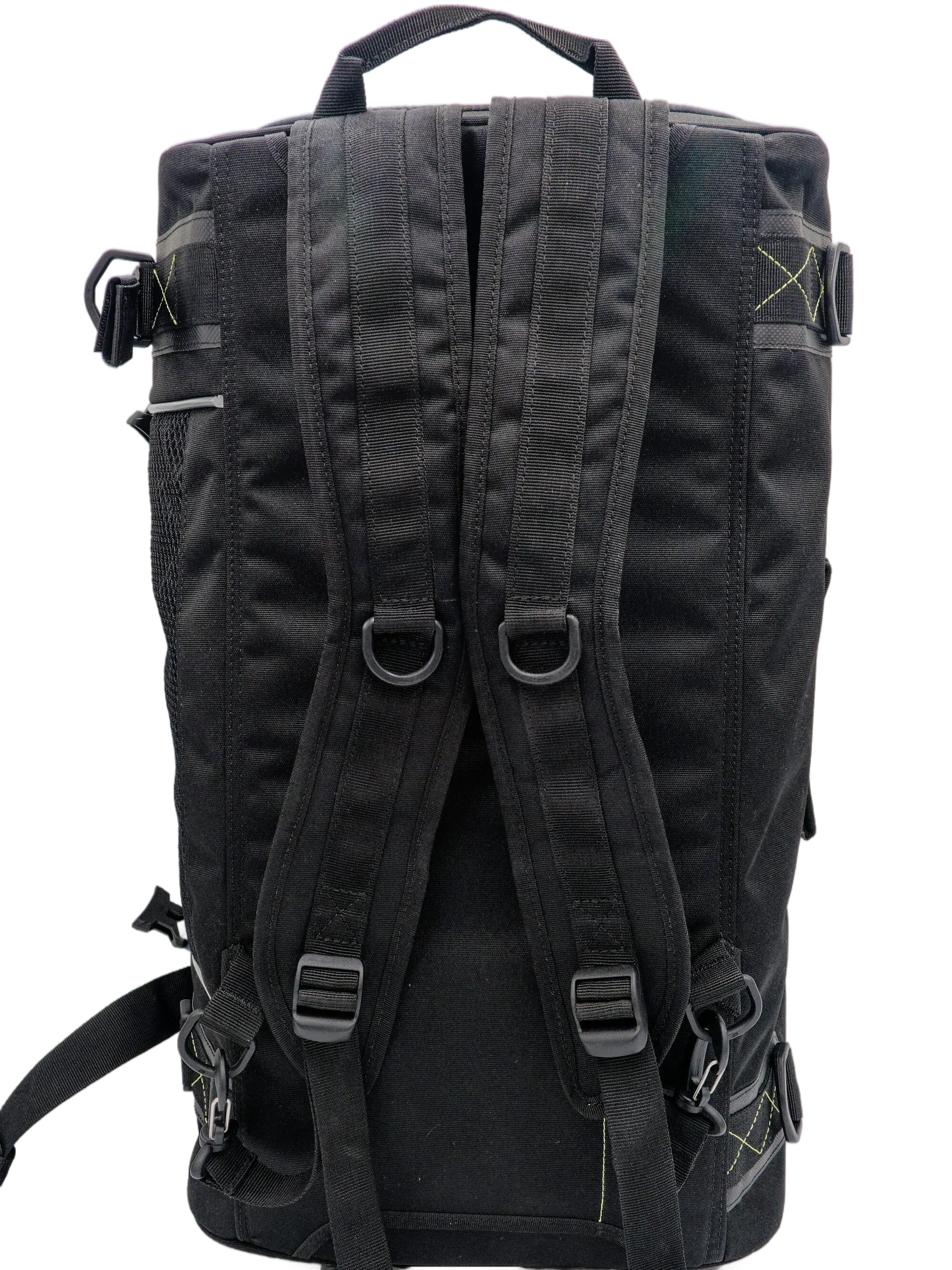 Rear view of the black ADV backpack showing dual padded shoulder straps, metal D-rings, sternum strap clips and top carry handle