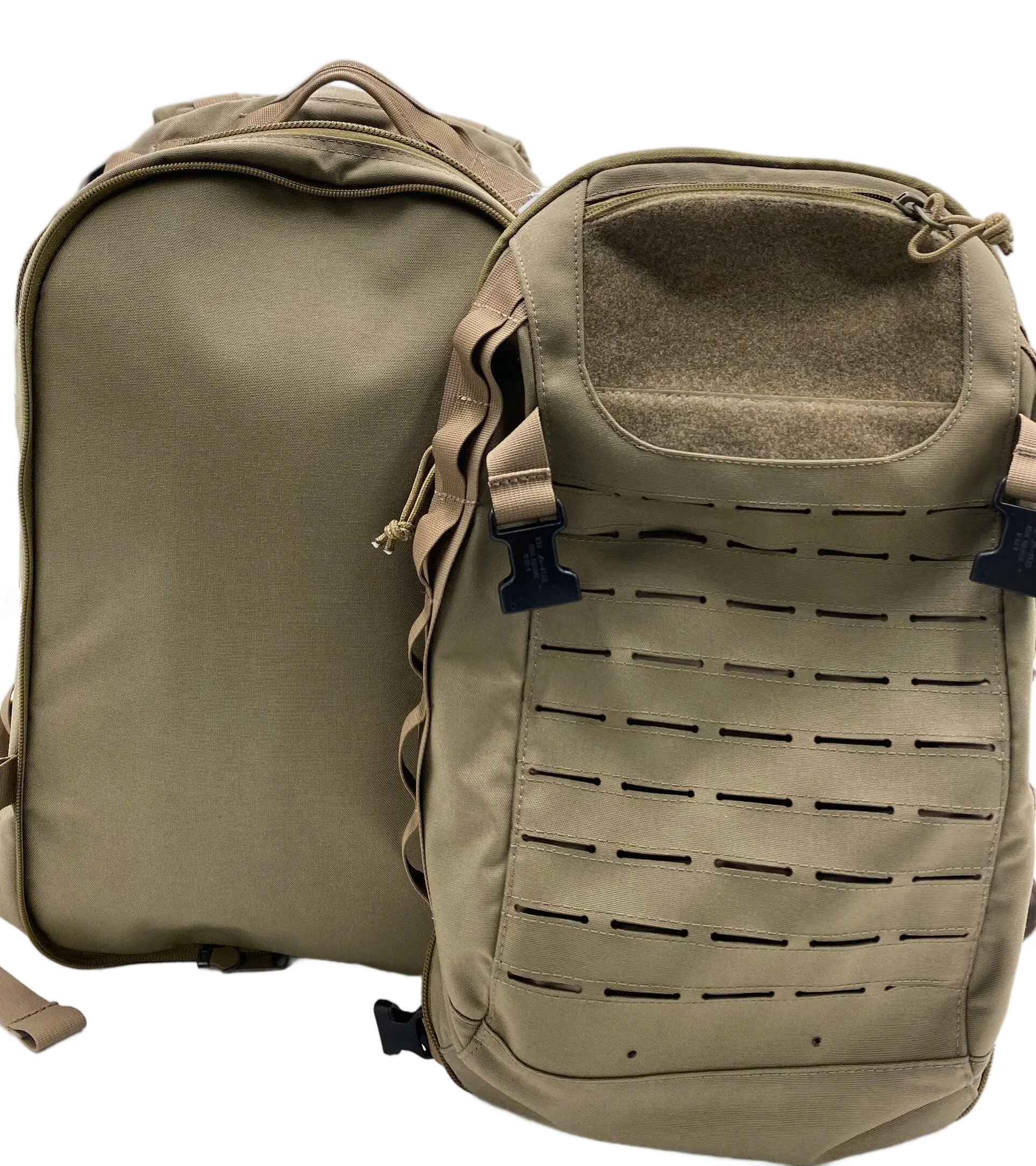 20L main pack and detached 5L front module side by side in tan Cordura, showing hook-and-loop patch and laser-cut MOLLE panel