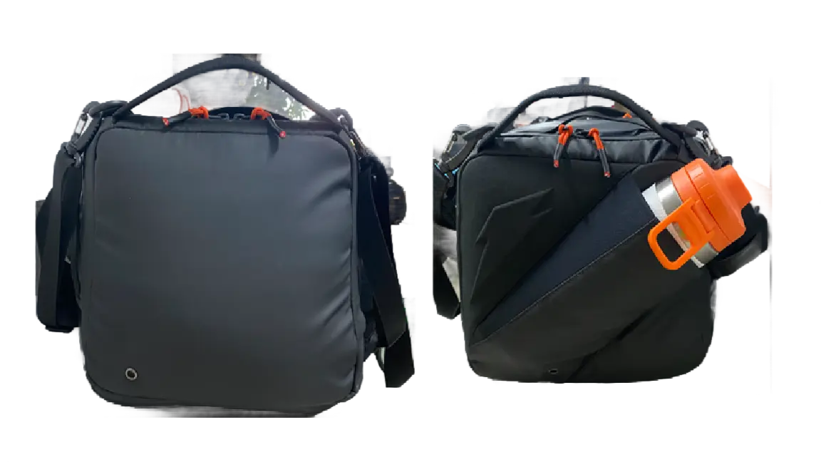 Two-angle view of the duffle bag showing shoulder carry configuration with orange side bottle holder attachment