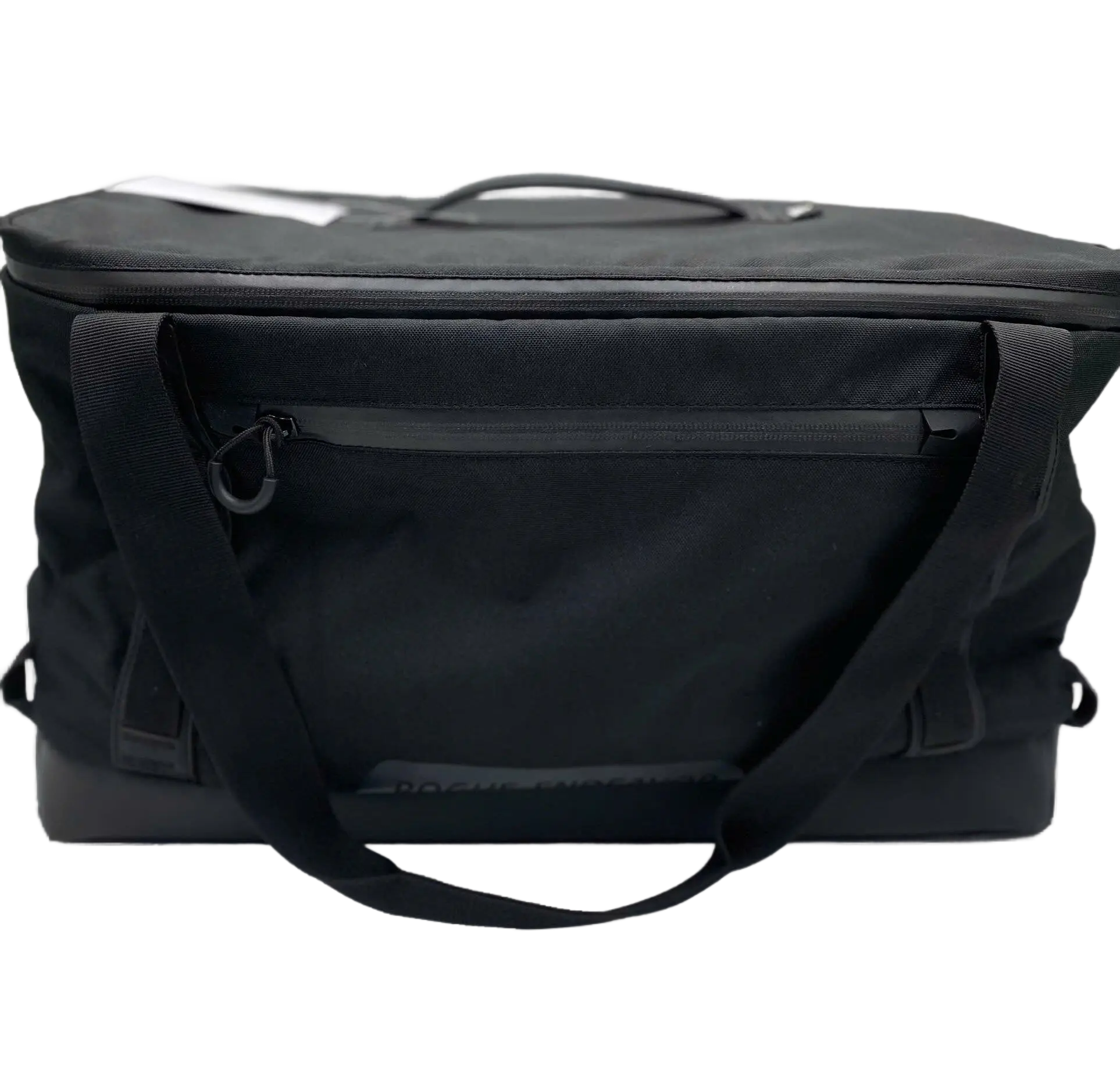 Front view of the large black fishing duffle showing top carry handle, front zippered pocket, and padded shoulder strap