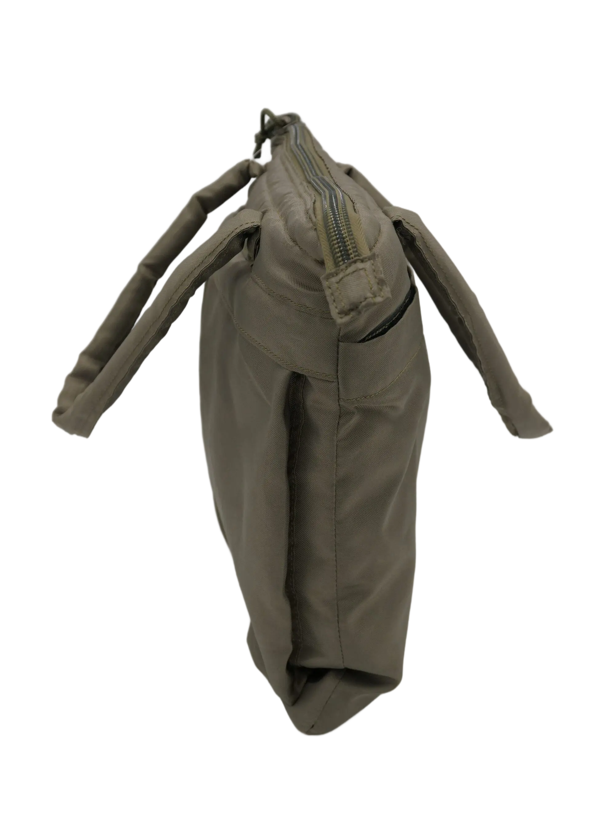 Flat lay of the olive green bag laid open showing the top zipper opening, carry straps, and structured rectangular silhouette