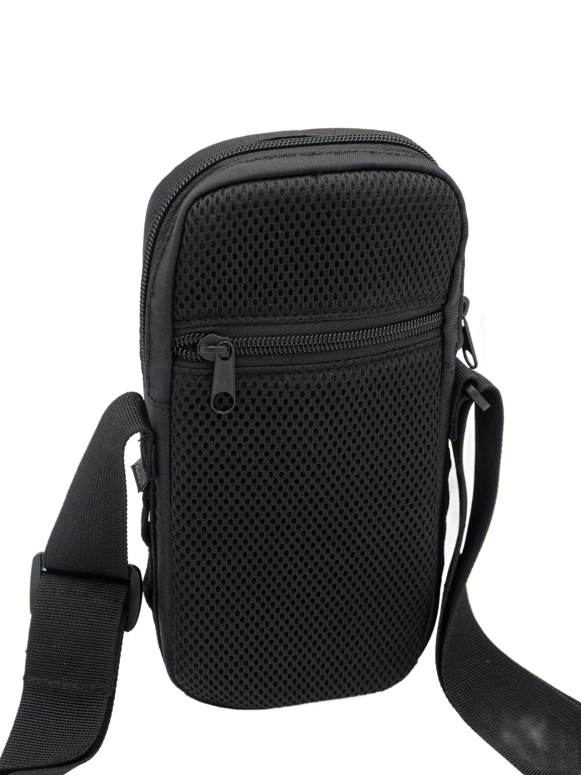 Front view of the black mesh-textured shoulder pouch with two zippered compartments and adjustable webbing shoulder strap
