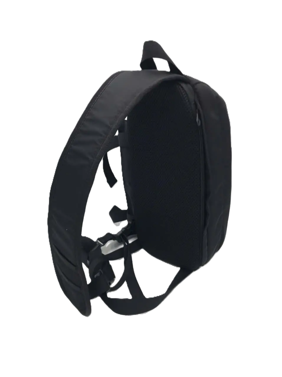 Rear view of the black sling pack showing the breathable mesh contact panel and adjustable strap with sliding buckle