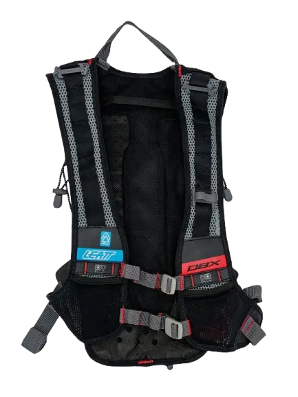 Rear view of the black hydration backpack with breathable mesh back panel, grey webbing straps and red accent details