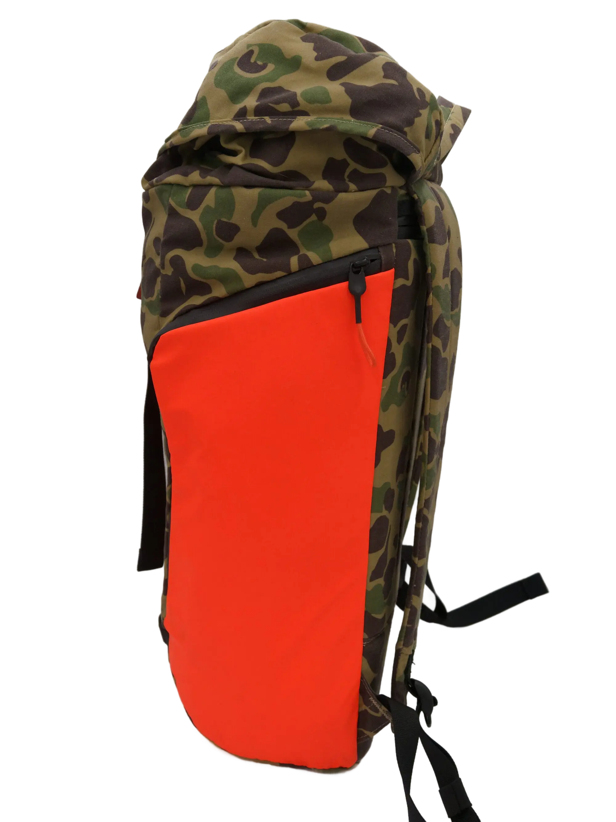 Side profile of the camo backpack highlighting the large bright orange PU side pocket and roll-top closure