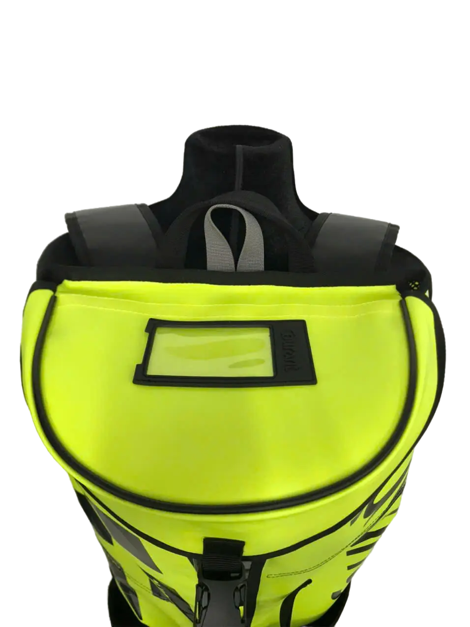 Top view of the rope access bag showing the reinforced top handle, semi-transparent document window, and top flap closure