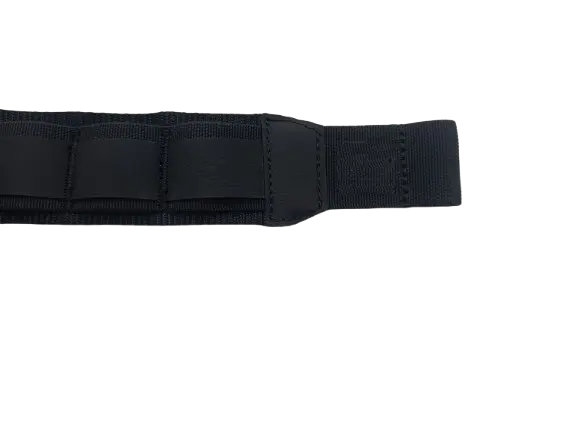 Top view of the black modular work belt end section with MOLLE-style webbing grid and reinforced stitched end tab