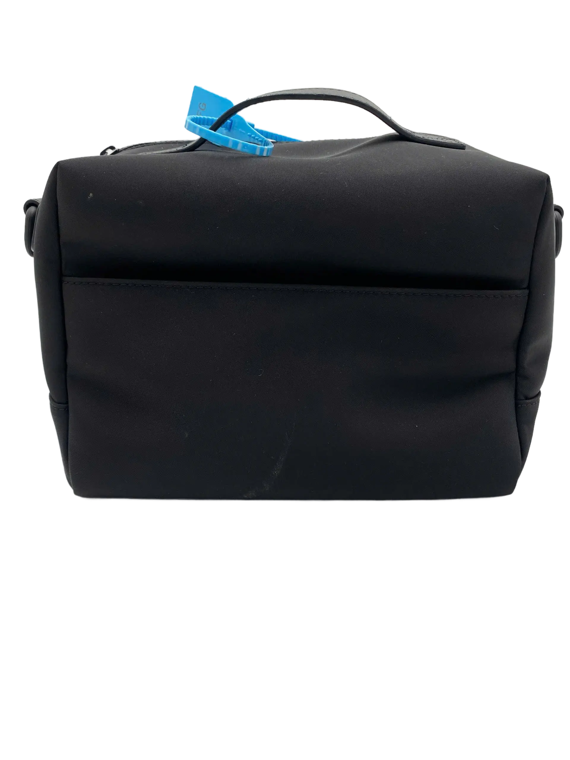 Front view of the black mini diaper bag with blue carry handle, flat zippered main compartment, and rear slip pocket