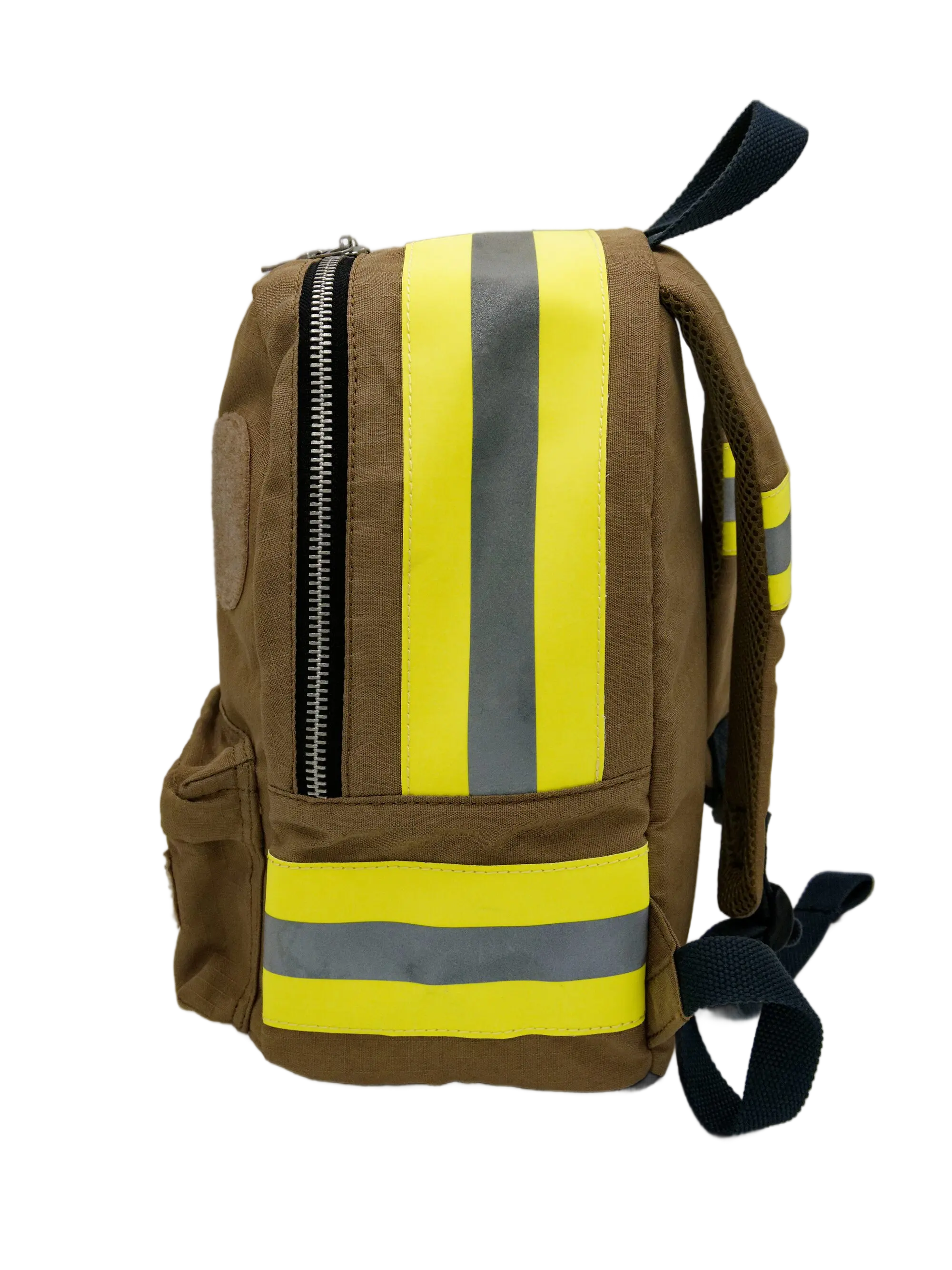 Side view of the brown fireproof backpack showing the heavy-duty zipper and yellow 3M reflective stripe bands