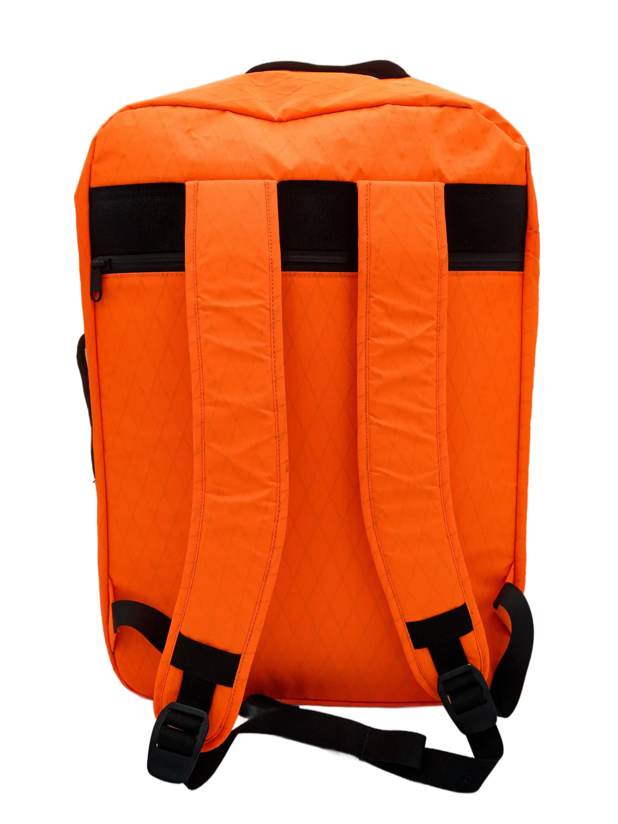 Rear view of the orange X-Pac backpack showing three black padded shoulder straps and buckle closures
