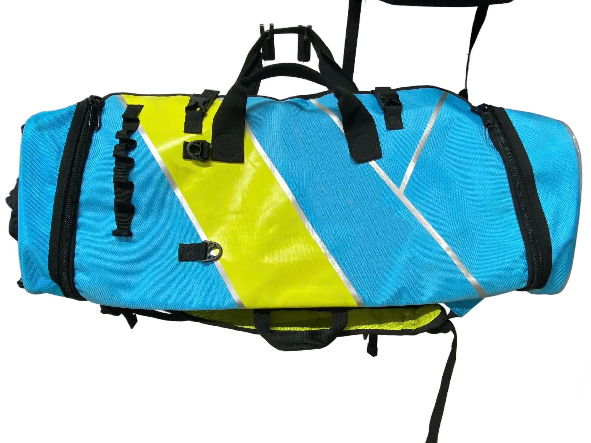 Front view of the 54L PVC-coated backpack in blue with neon yellow stripe and reflective white diagonal markings